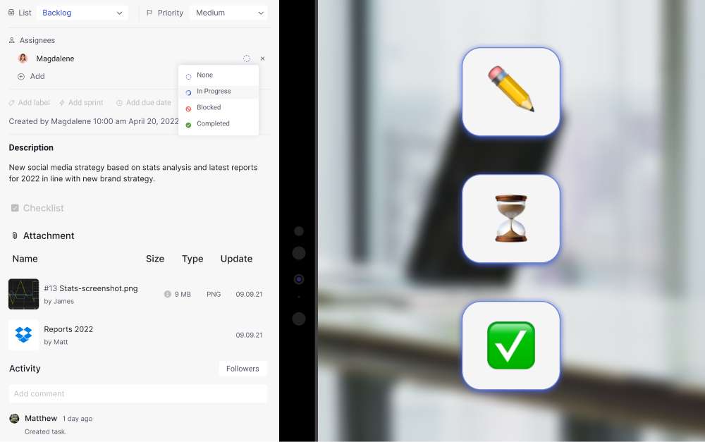 project management and task software Rock preview of a single task with different fields relevant to managing tasks such as lists, assignees, labels, descriptions and more
