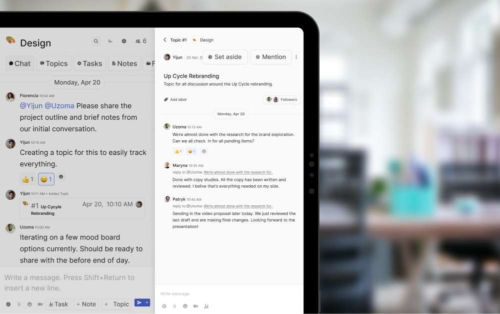 Rock topics mini-app feature preview. Example workspace with a highlight on a conversation within a topic Multiple messages and reactions between different team members.