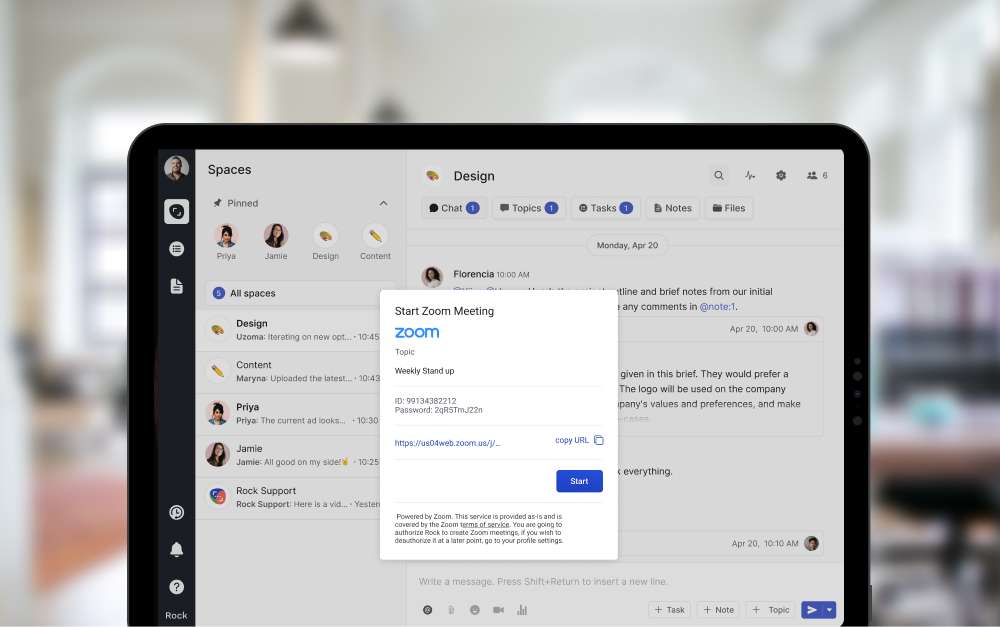Rock zoom integration preview. Example workspace with an open panel enabling the user to start a Zoom meeting from within their project space.