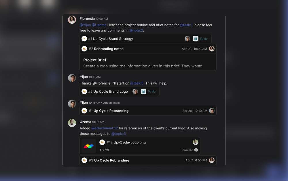 Mention functionality within the Rock platform example. Chat preview with tasks, notes and files mentioned in the discussion