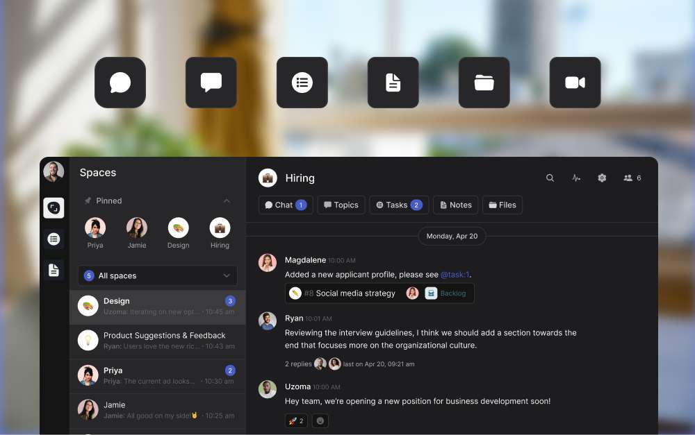 Rock project management app preview: multiple project spaces with chat, topics, tasks, notes and files
