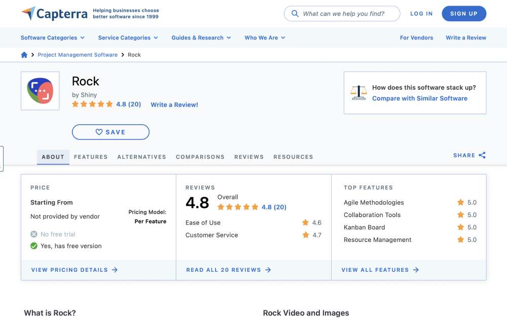 Capterra page for rock. Multiple reviews and list presenting the product, features, alternatives, comparisons, reviews, resources and more
