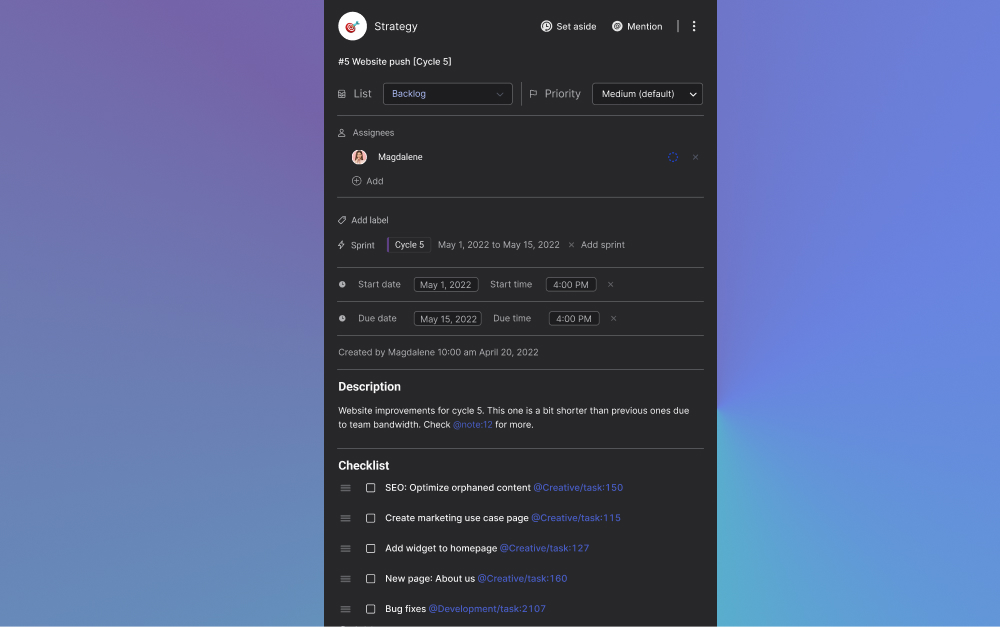 project management web development: task example of a sprint with assignees, description and more