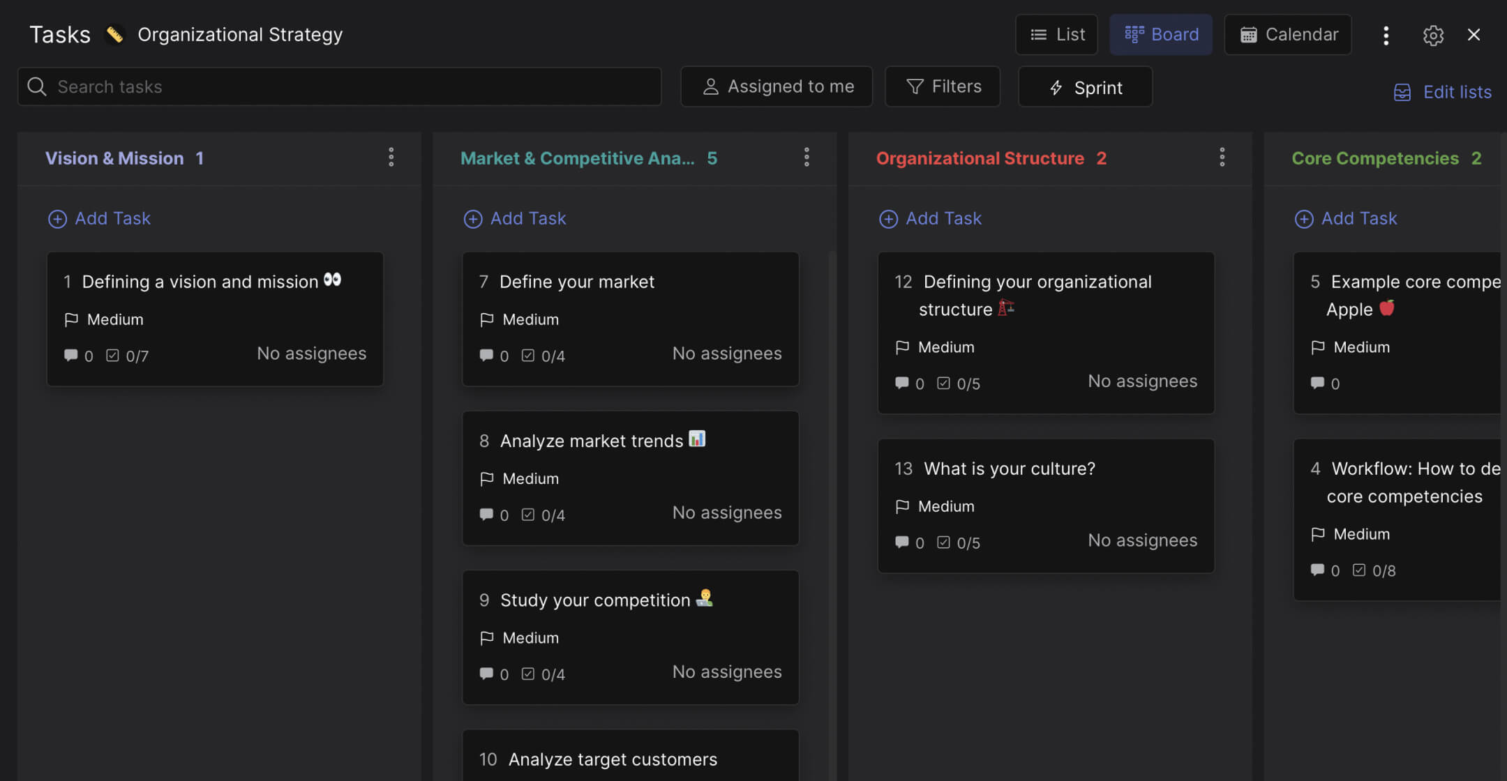 Productivity training preview. Task board with multiple activities that help improve performance at work.