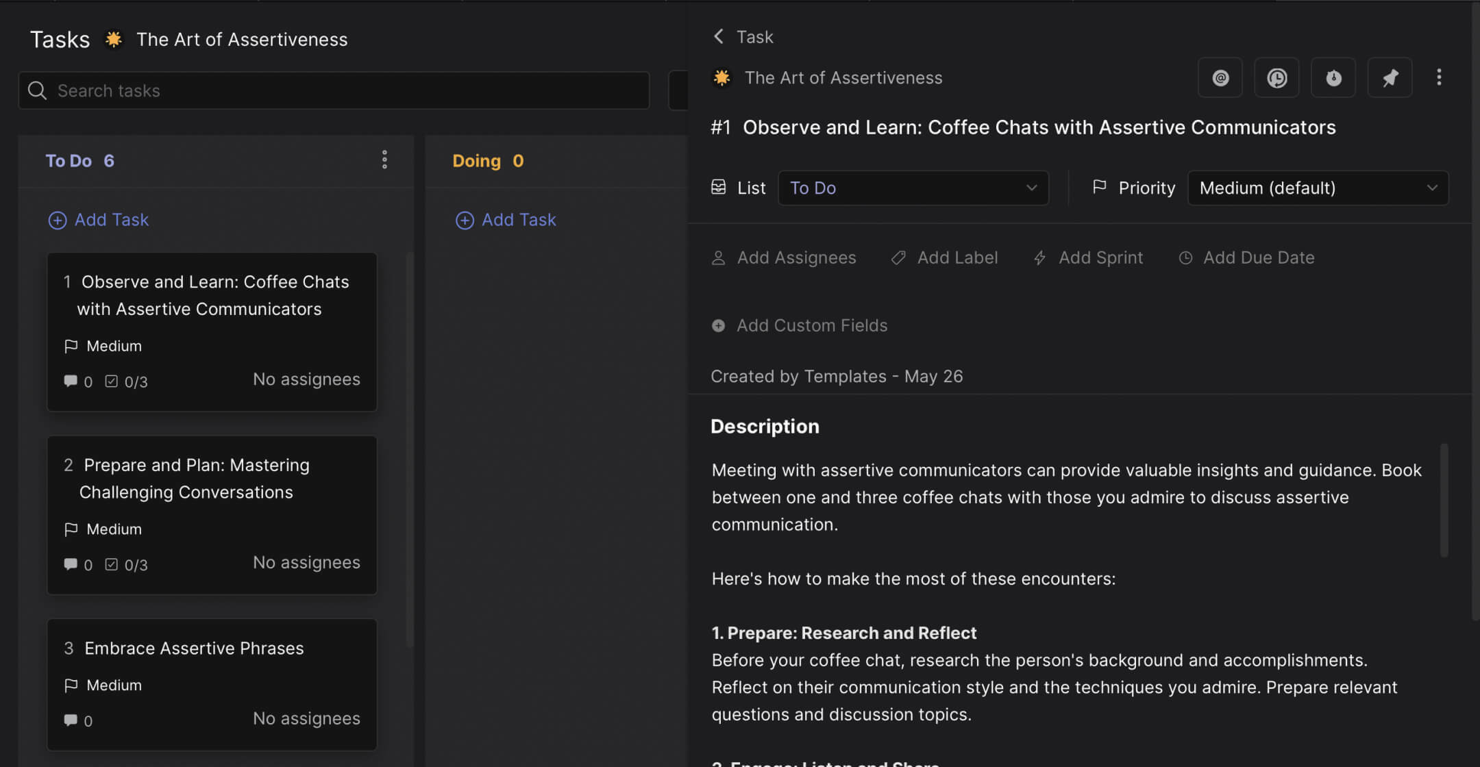 Assertiveness training preview. Task board with multiple activities that help improve performance at work.