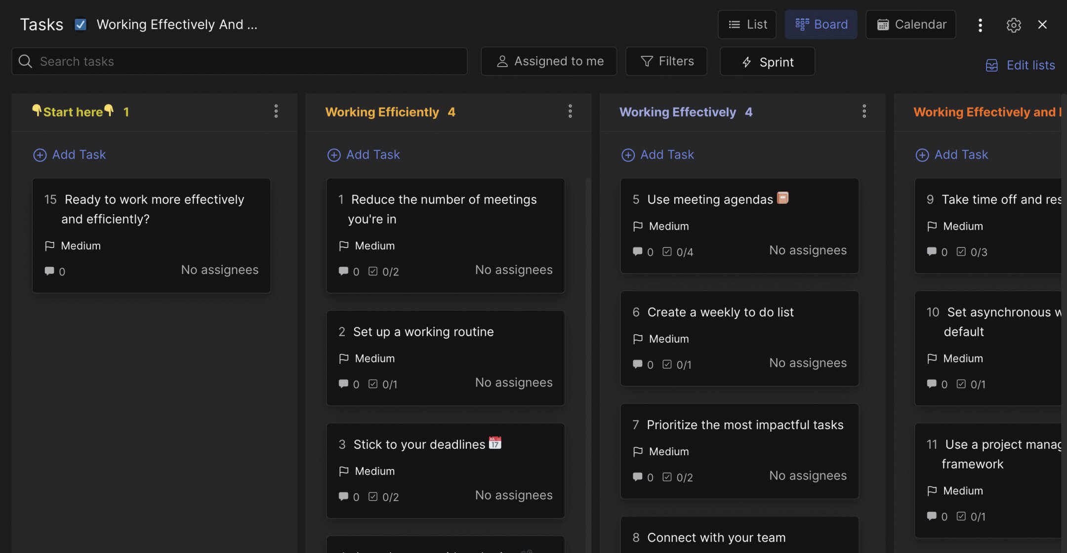 Productivity training preview. Task board with multiple activities that help improve performance at work.