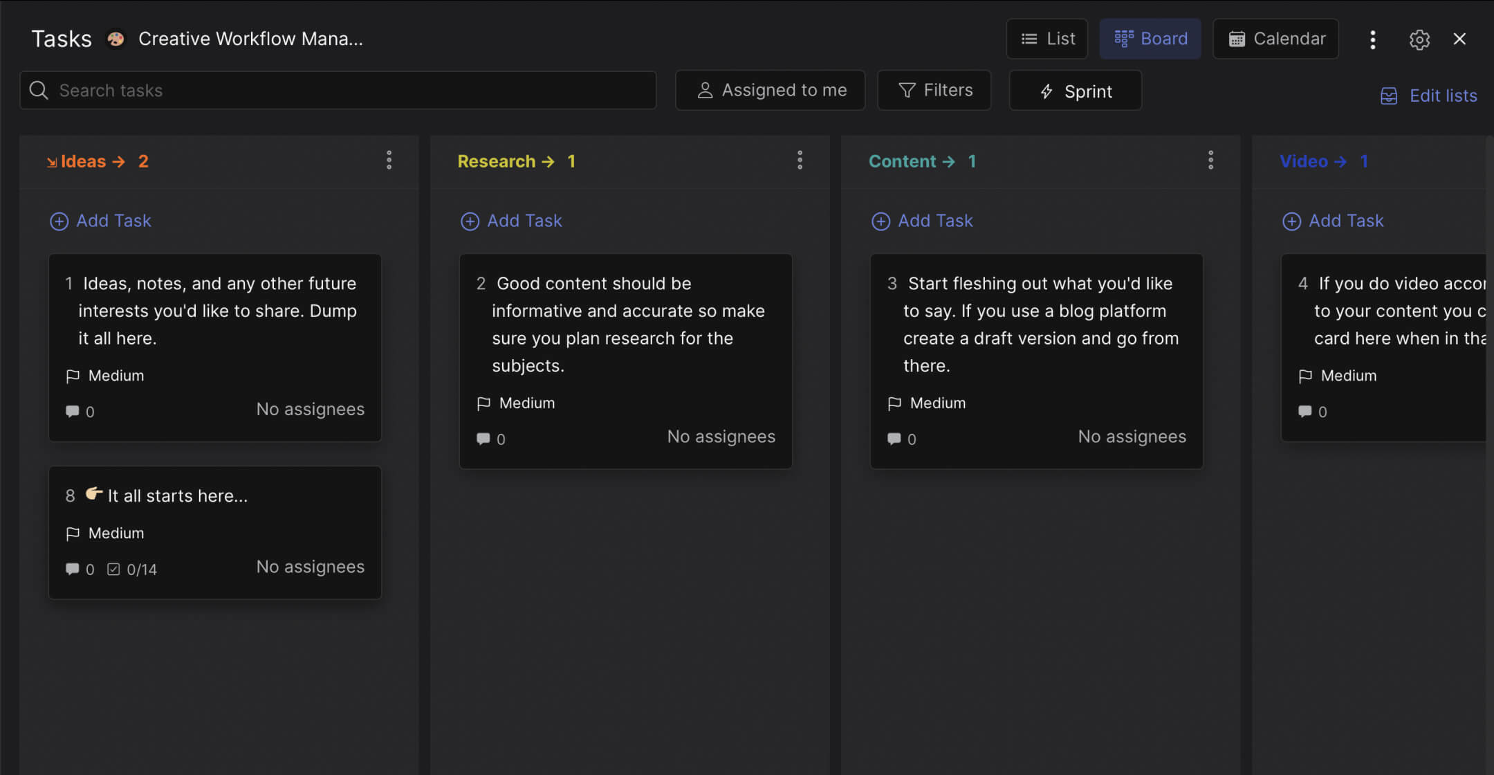 Creative workflow management template preview task management board with step by step process defined