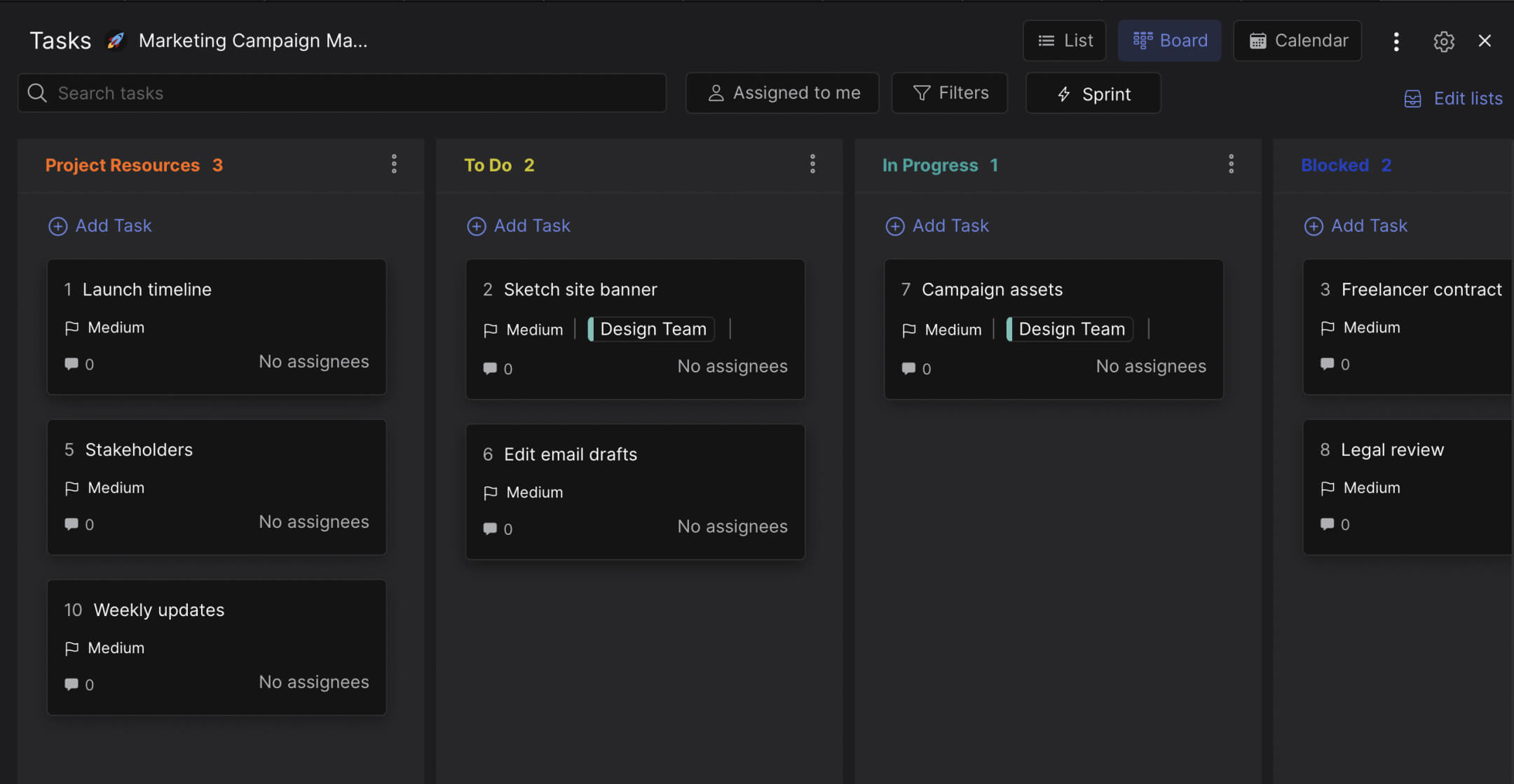 Marketing Campaign Management template preview task management system with different lists and task cards.