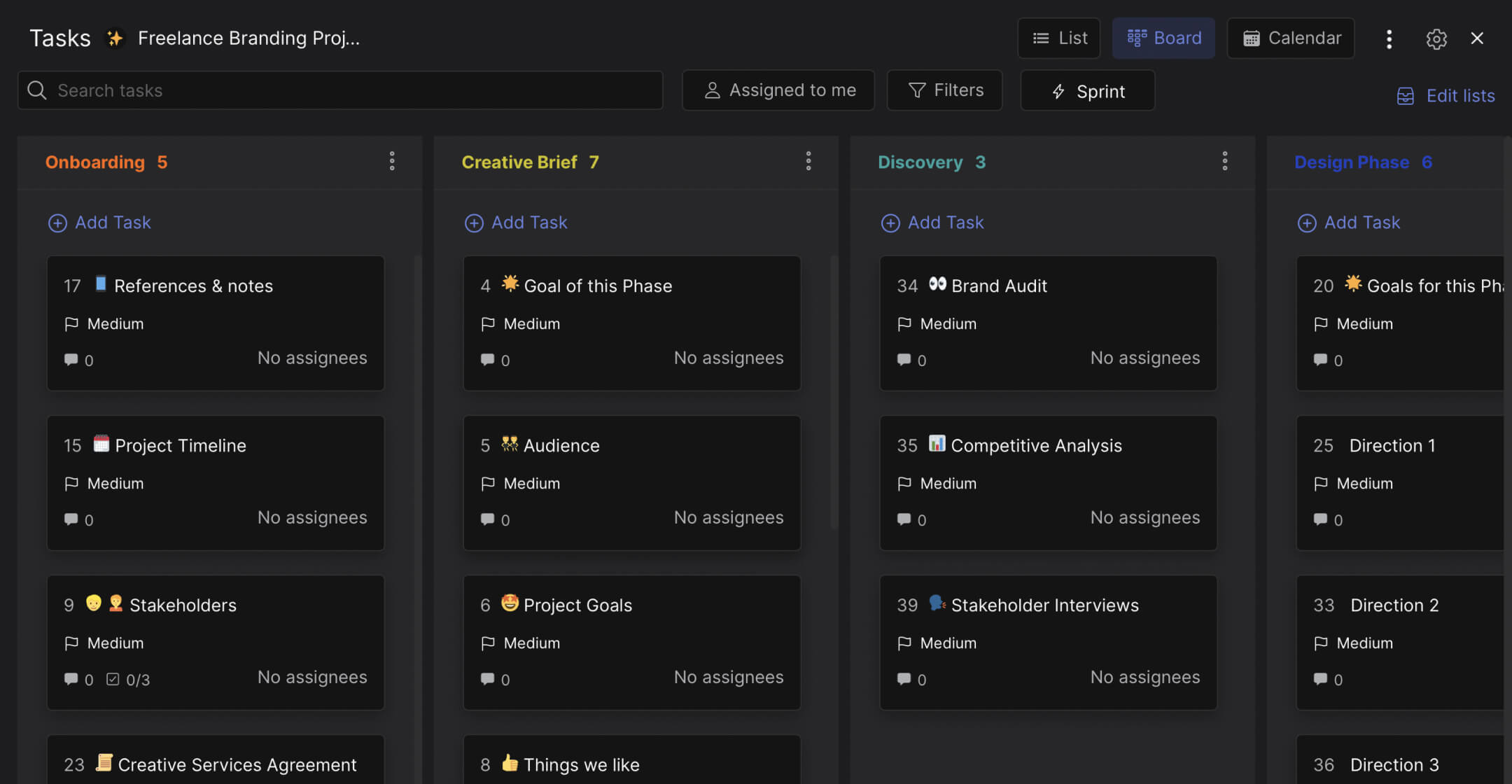 Branding design process template preview task management board with different lists and individual task cards