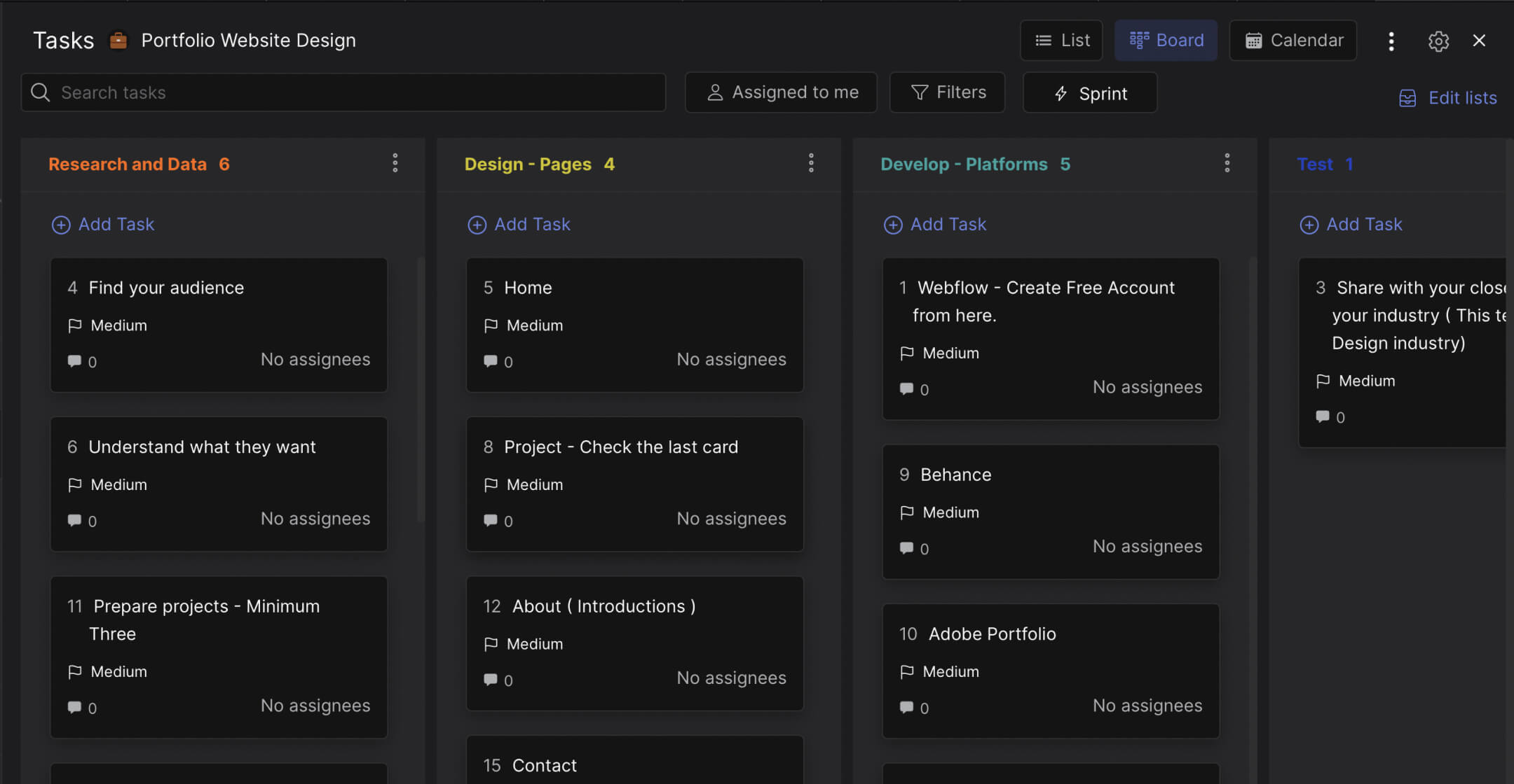 Portfolio website design template preview with different task lists and individual activities in task cards