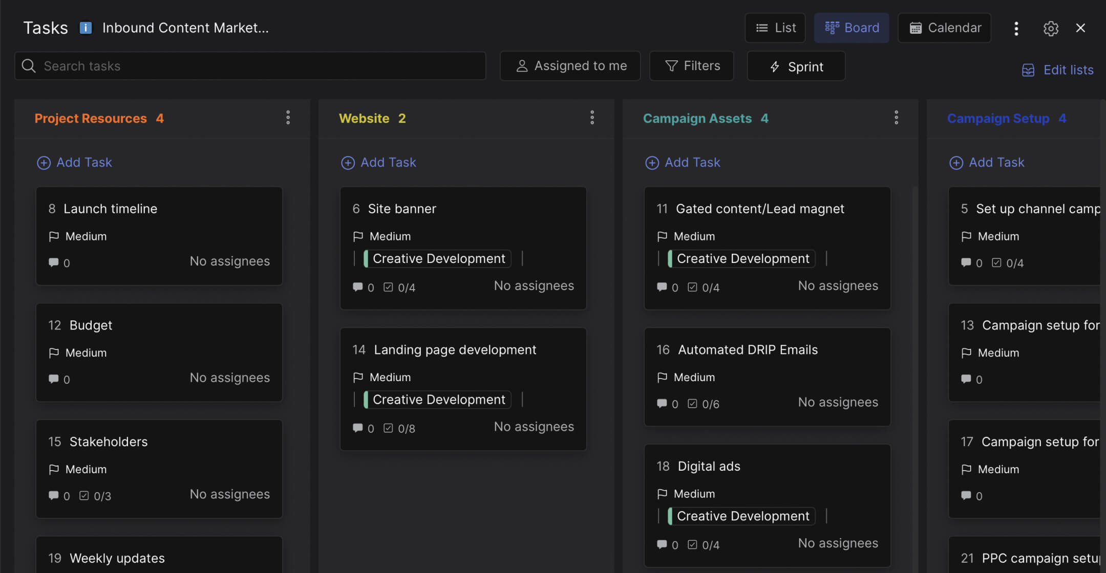 Inbound Content Marketing template preview task management with individual activities across lists