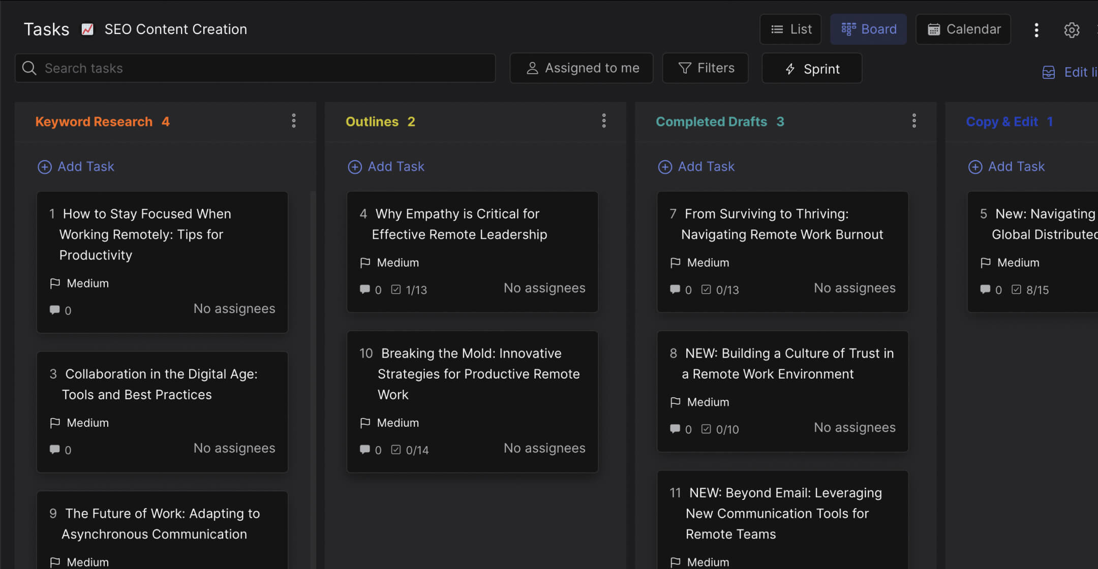 SEO content creation template preview with multiple lists and individual task cards for SEO activities