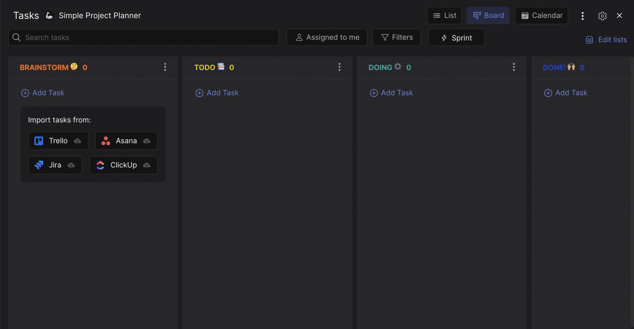 Simple project planner template preview with task management and individual lists