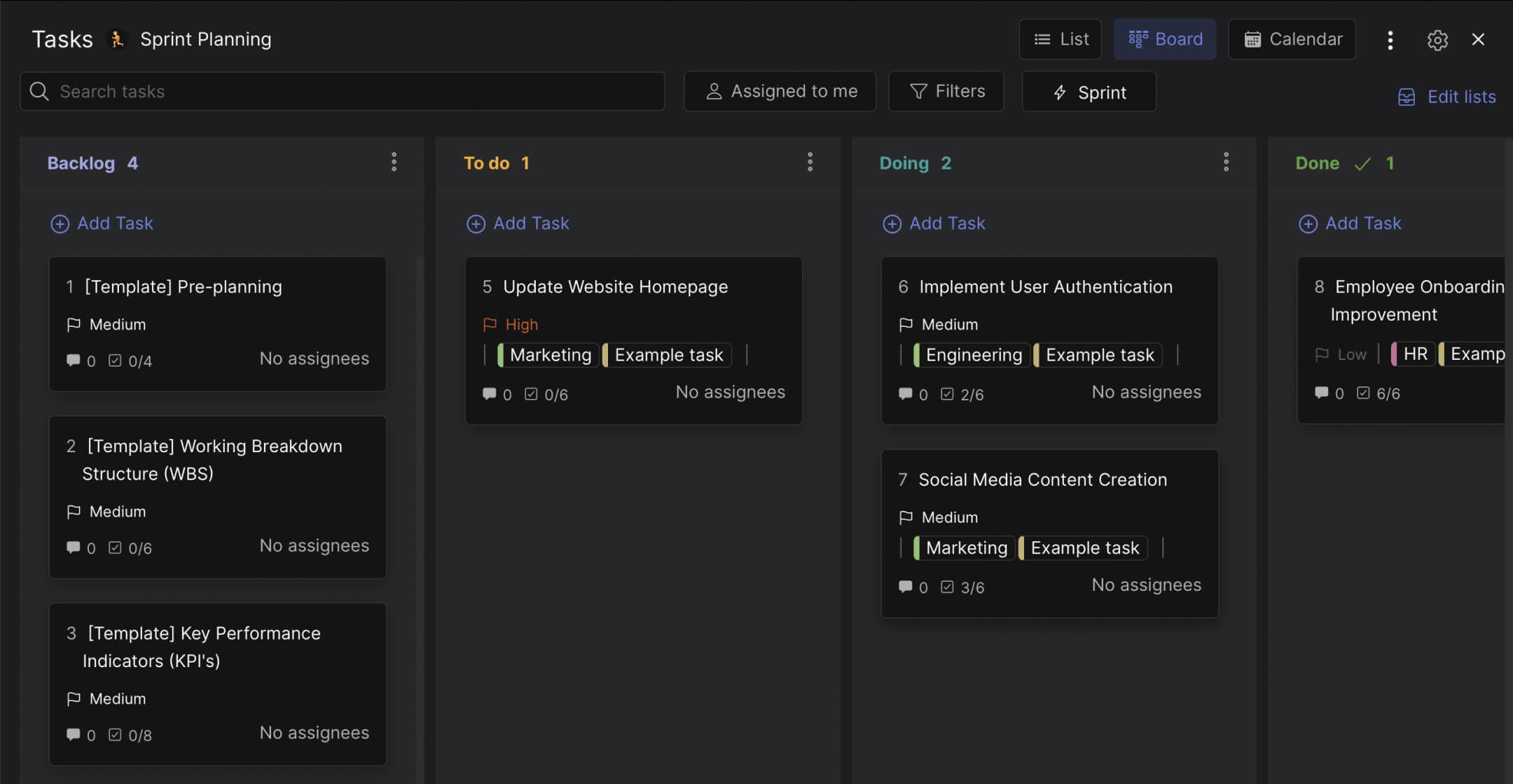 Agile sprint planning template preview with different lists and individual task cards