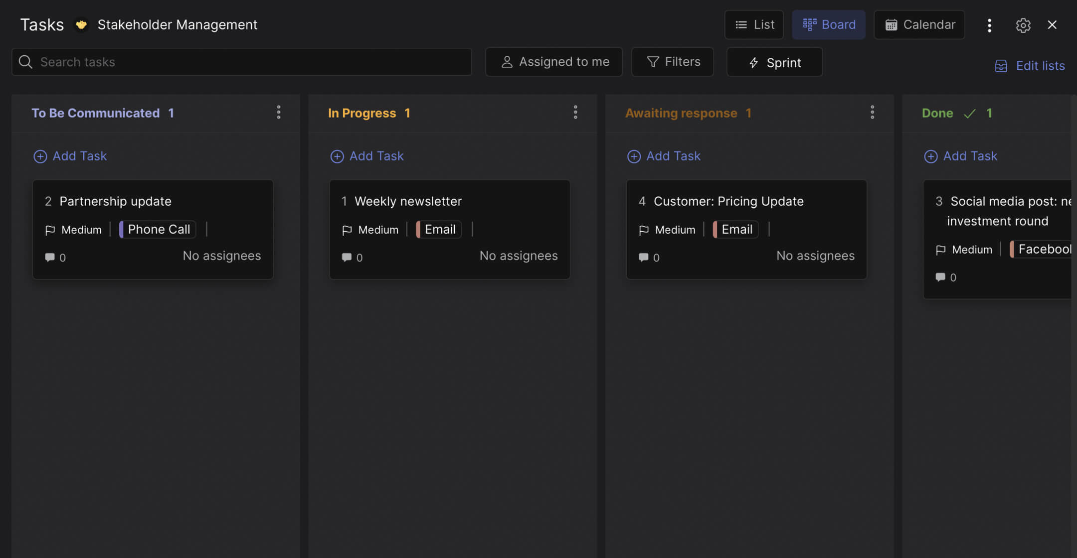 Stakeholder engagement plan template preview with different task lists and individual task cards