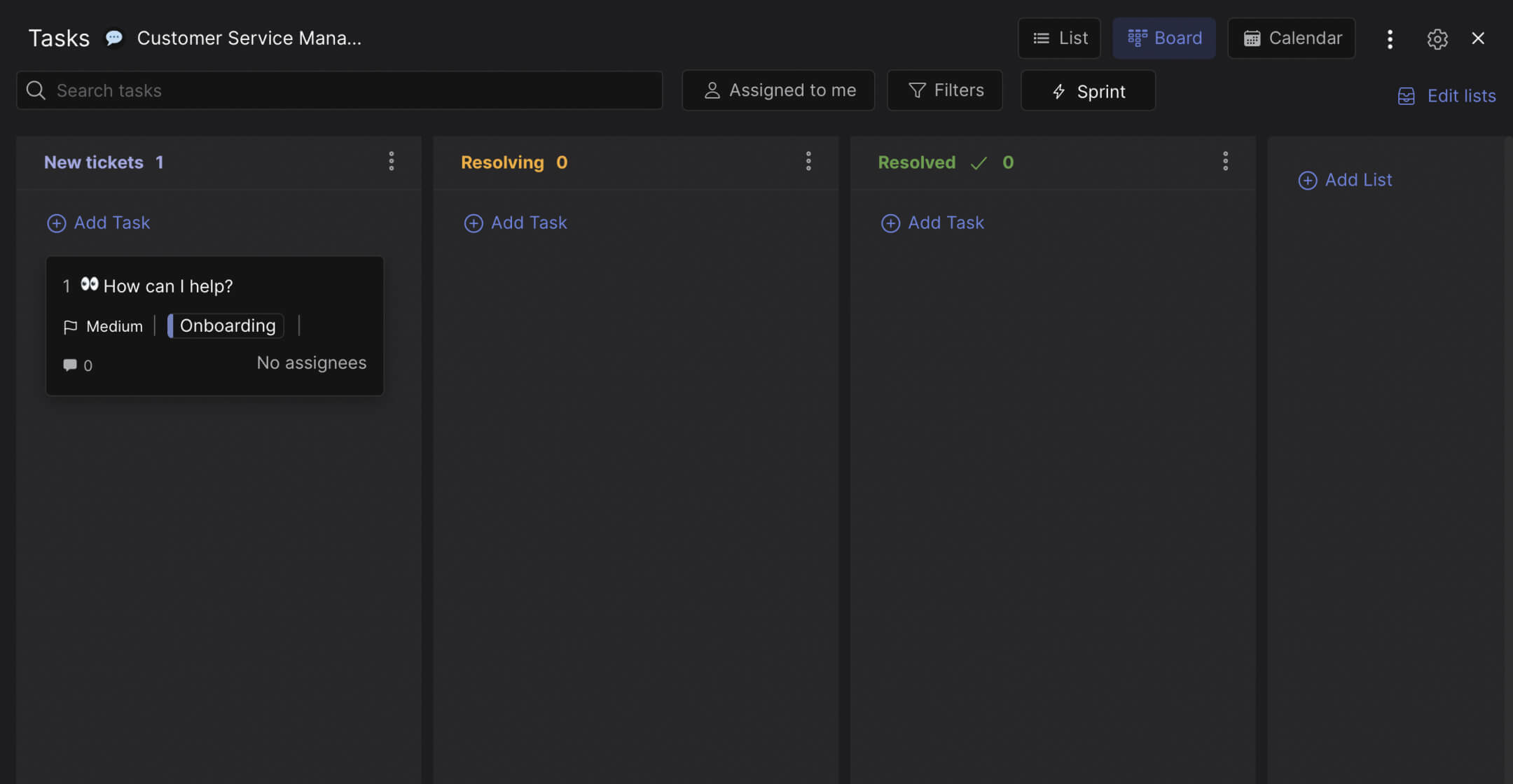 Customer service management template preview with different lists and individual task cards to manage work