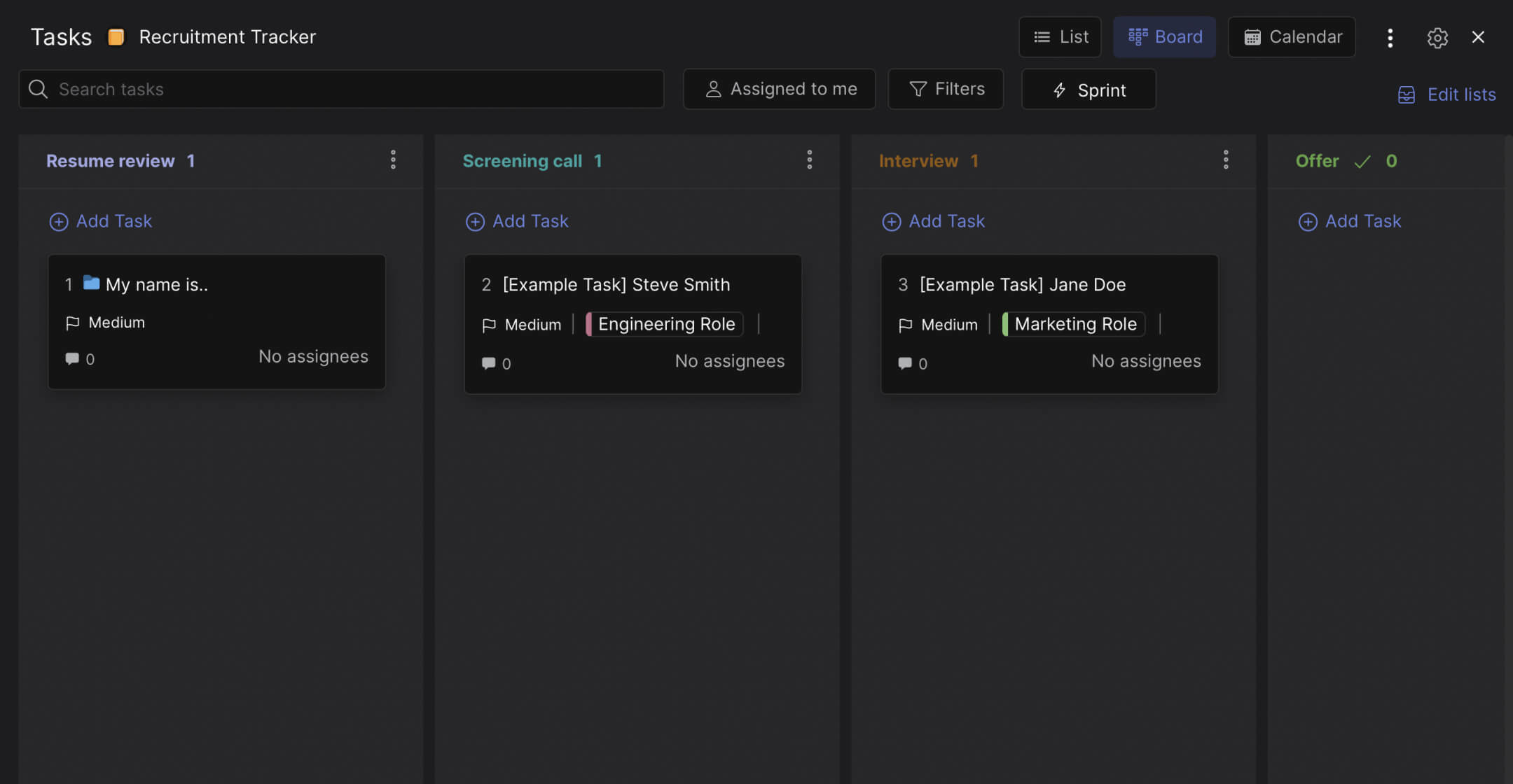 Recruitment tracker template preview task board with multiple lists and individual task cards to track applications and the hiring funnel