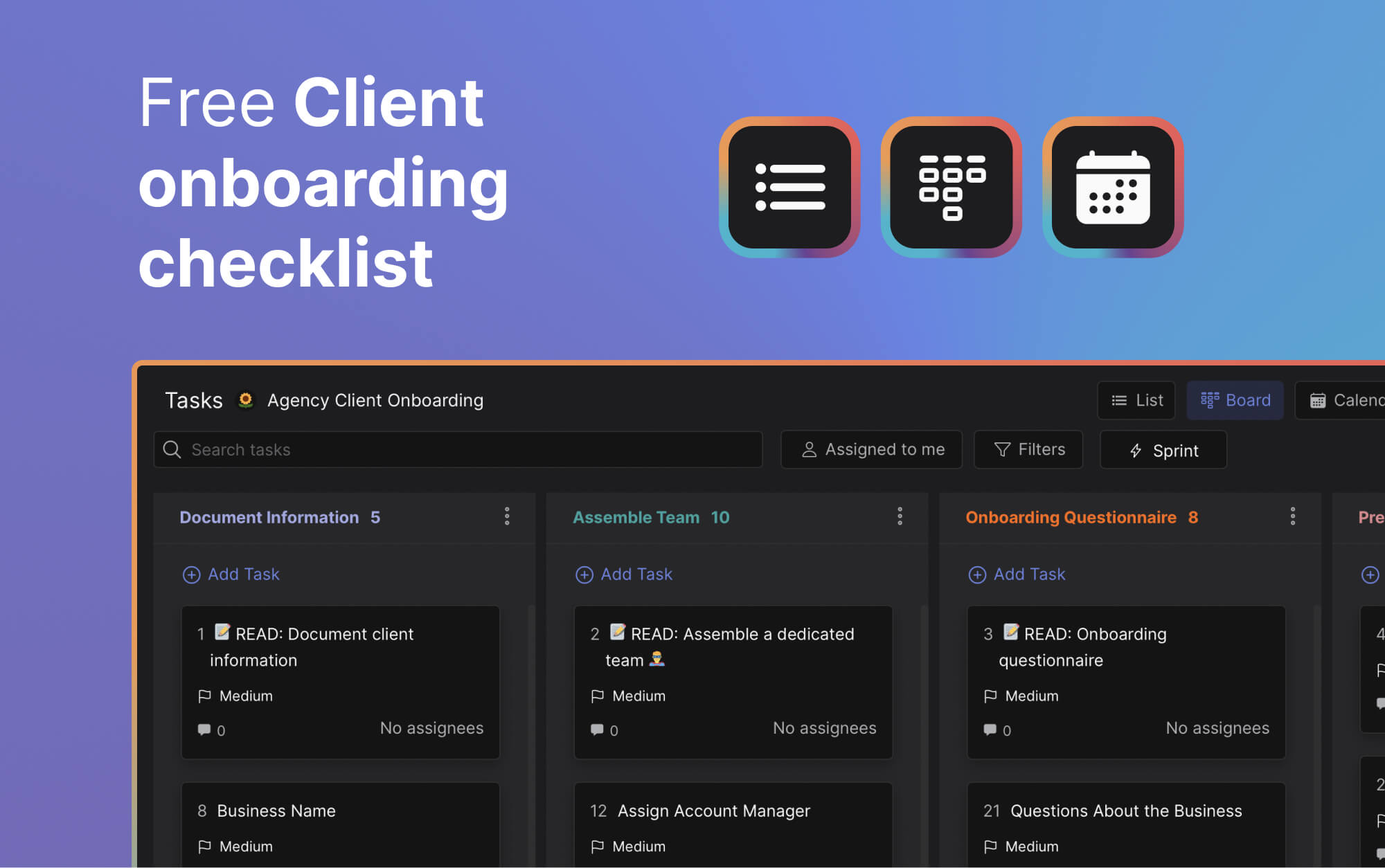 Client onboarding checklist template preview with multiple tasks defining the stages (i.e. preparing accounts or welcome letter) and an individual ask highlighting the description and checklist for different activities to complete when sending a welcome letter.