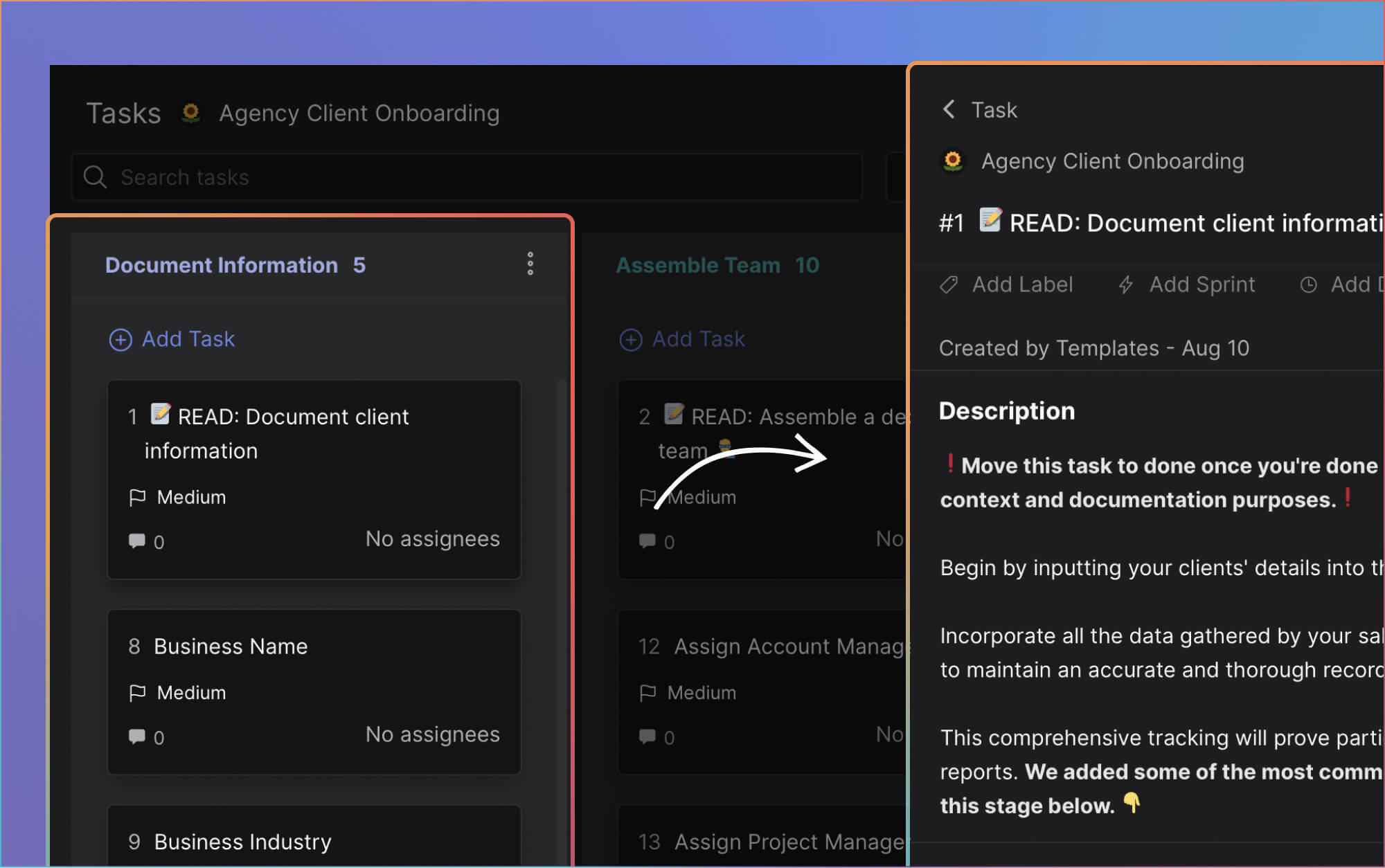 customer onboarding processes example first step to document information, task card with a list highlighting the most information to record: company name, industry type, etc.a