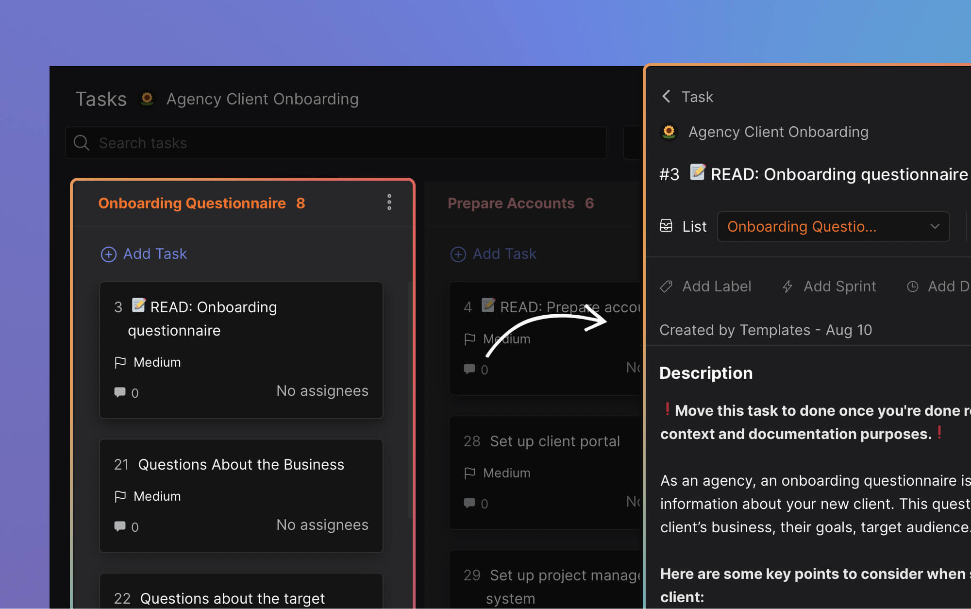 customer onboarding template third step: questionnaire with questions to learn more about the client with a checklist on the information to collect such as about the business, target audience, etc.