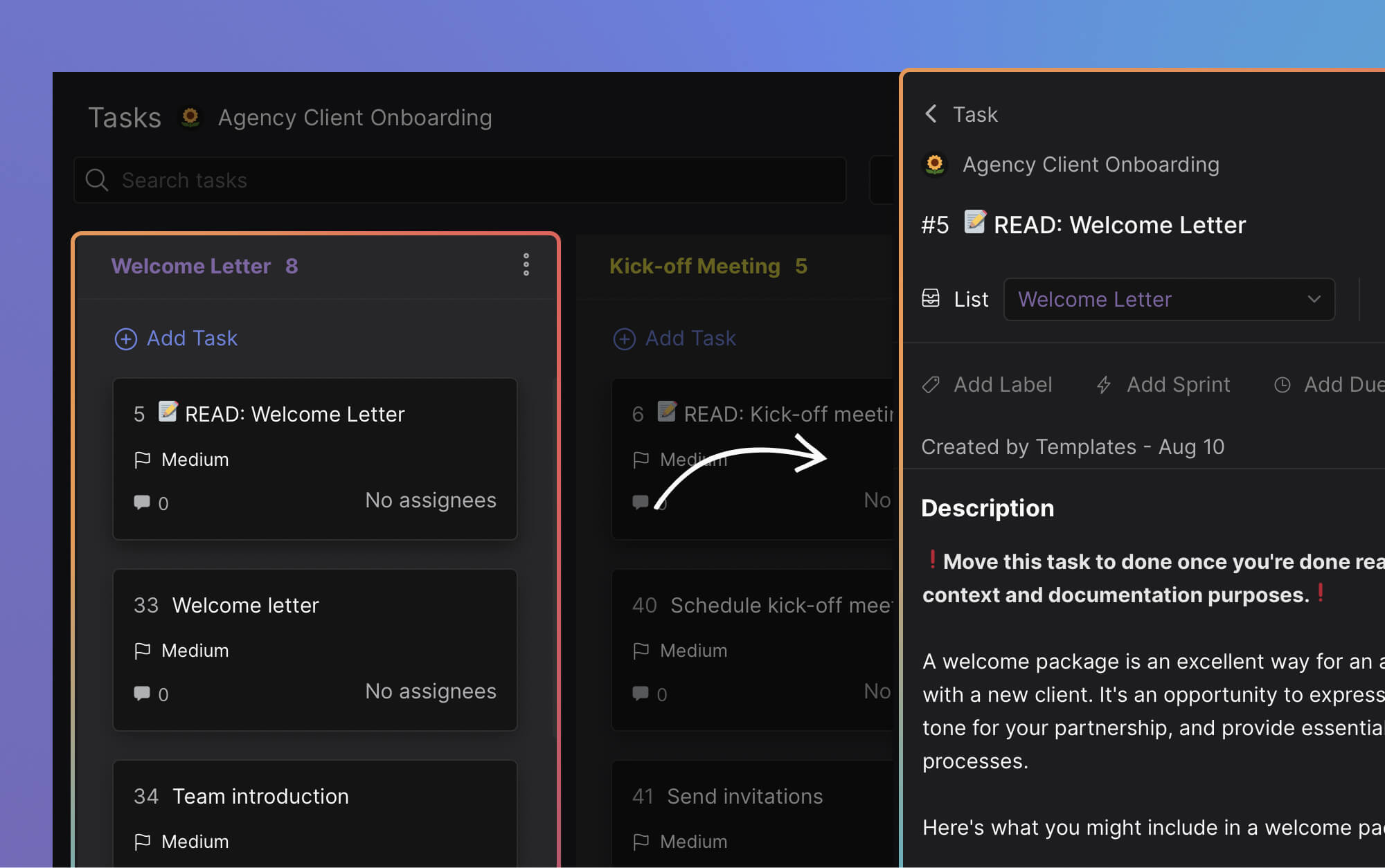 Sending a welcome package when you onboard customers. Highlight of elements to add such as team introduction, overview of services, process and timeline and more.