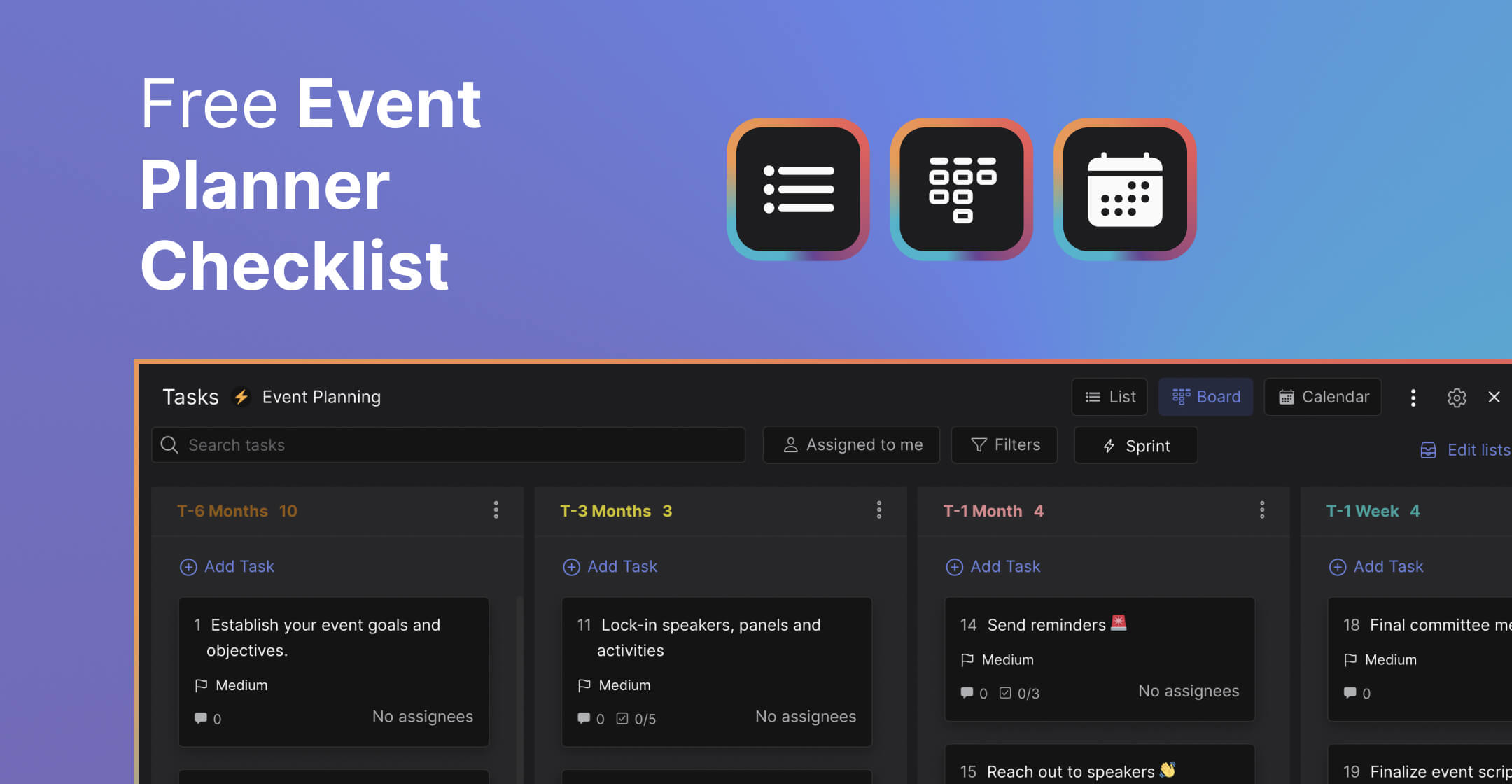 Free event planner checklist preview The image shows tasks across different timestamps (6 months, 3 months, 1 month) with activities relevant for each such as setting goals and objectives early on, and sending reminders when only 1 month is left for the event. 