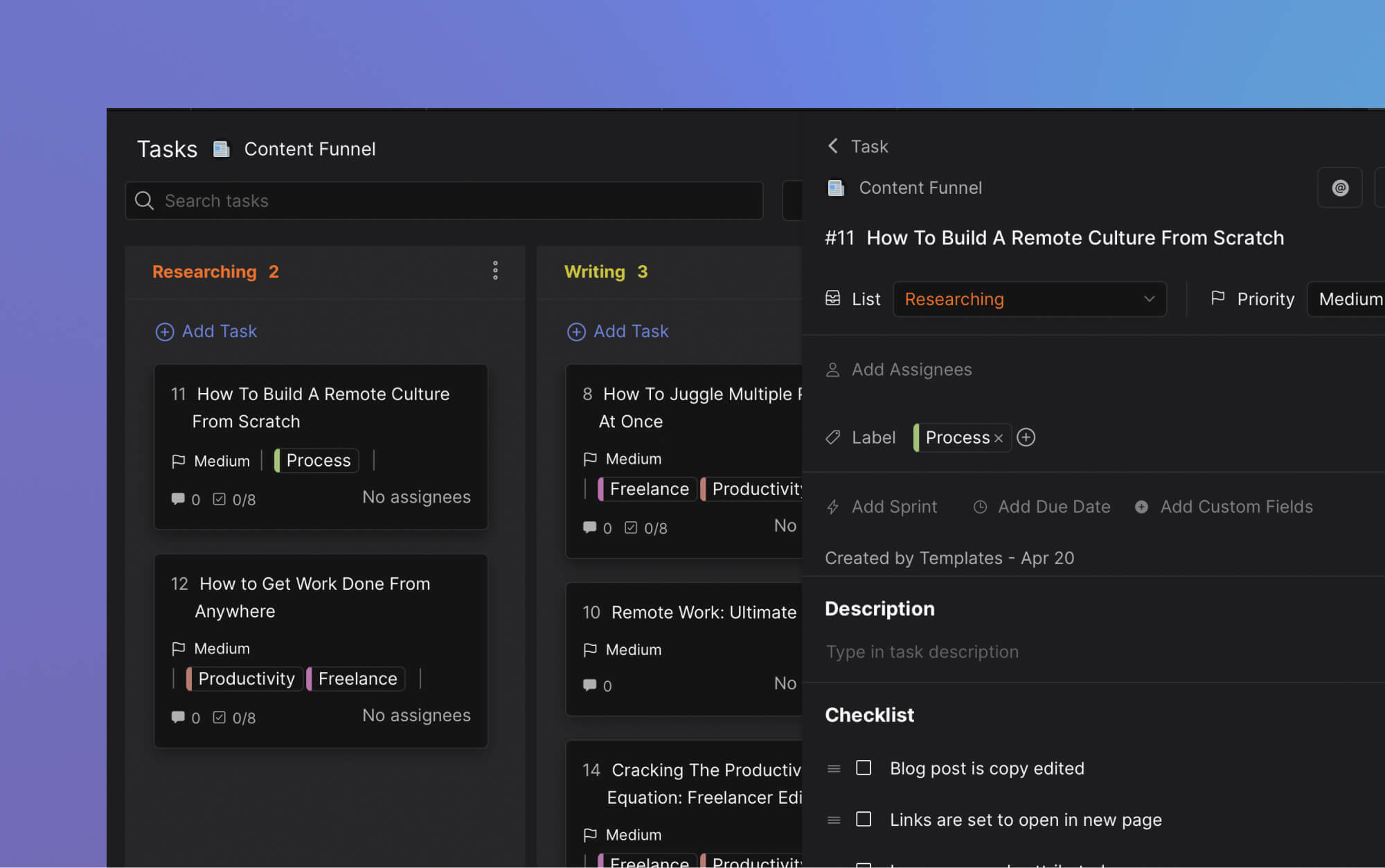 Project plan templates for content management example a content funnel preview with multiple lists and task examples on how to create and promote content