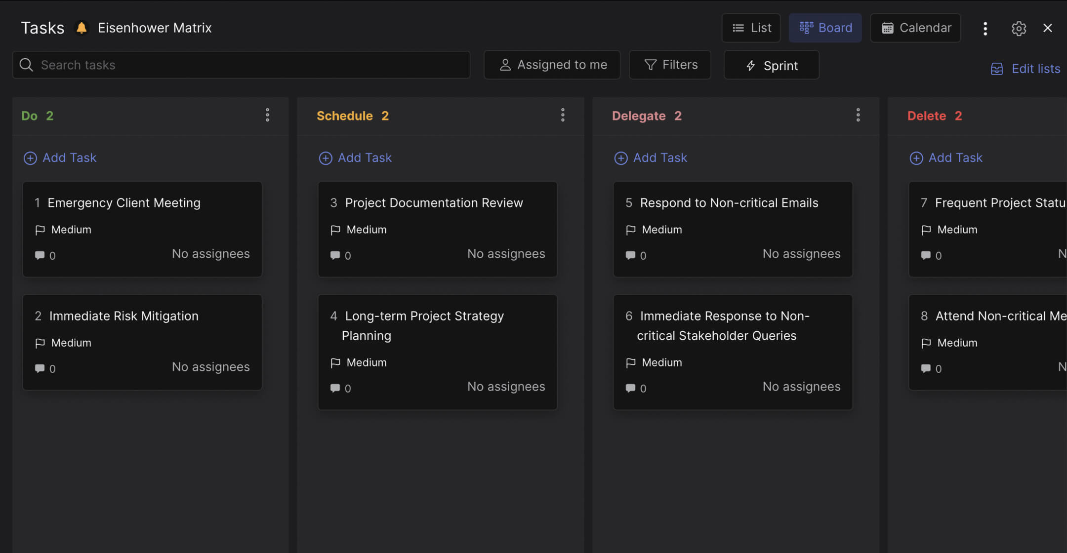 Preview of the Eisenhower Matrix template for project management. Multiple lists and individual tasks to organize urgent and important activities.
