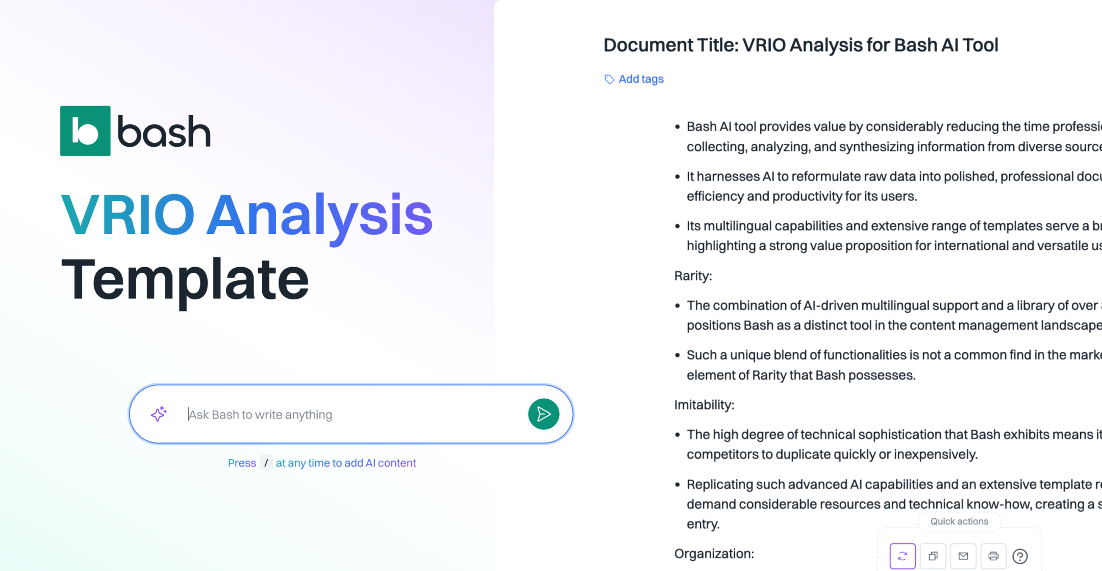 VRIO analysis template preview Bash: Write strategy with the help of AI: screen with example VRIO analysis on the right side.