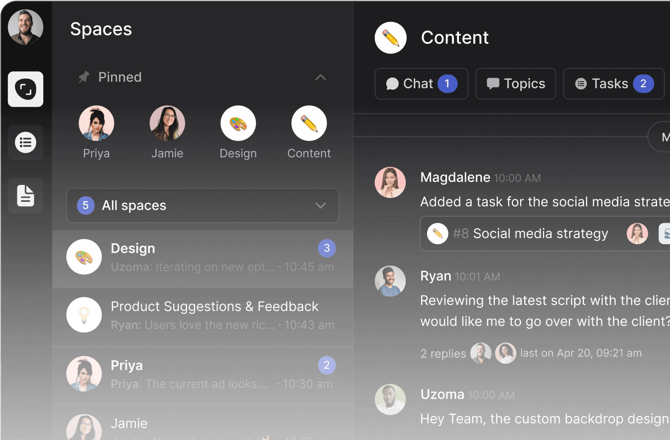 Facebook Messenger alternative with multiple spaces and messages visible