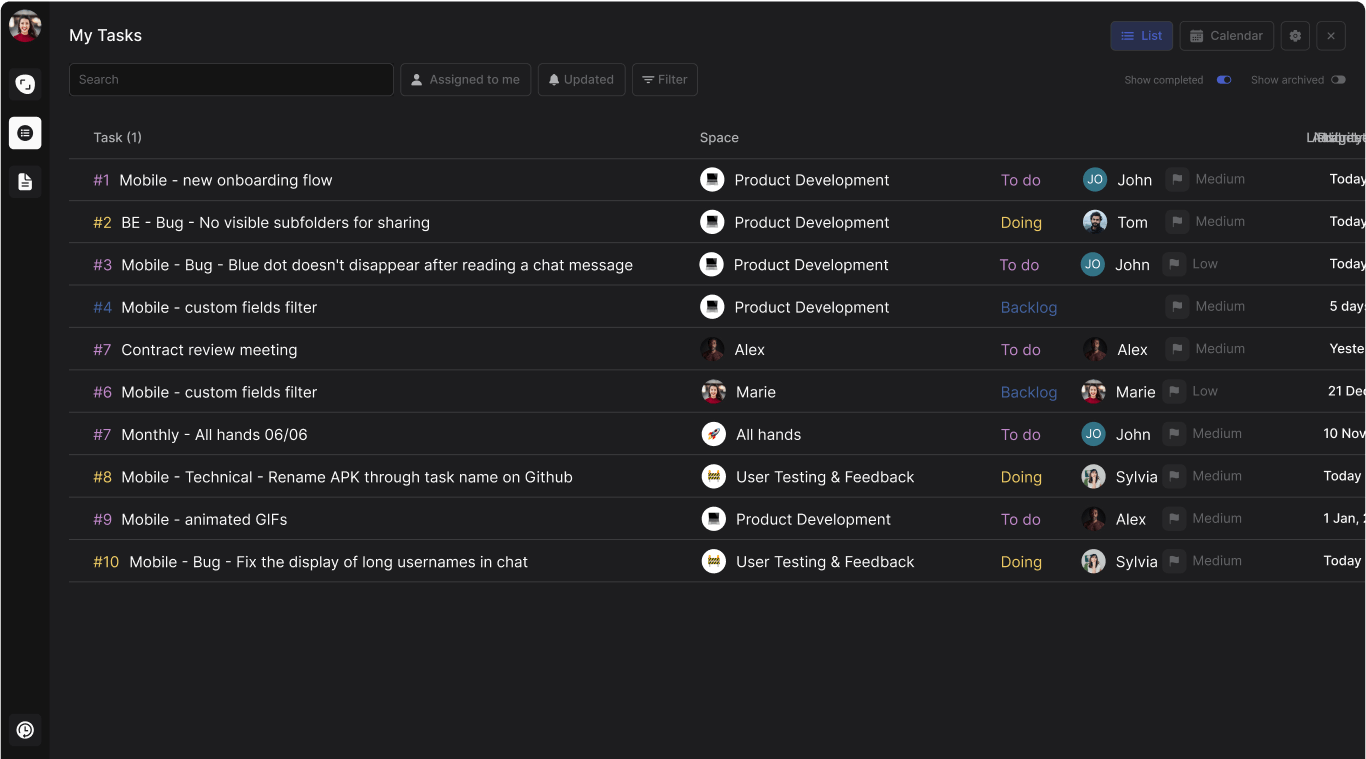 My tasks panel Rock displaying open activities across different project spaces