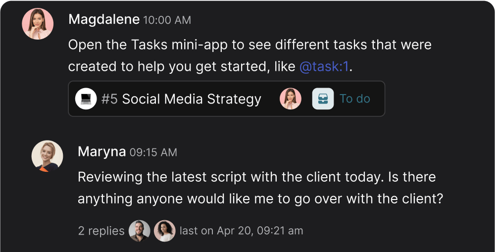 Panel displaying combination of task software with messages