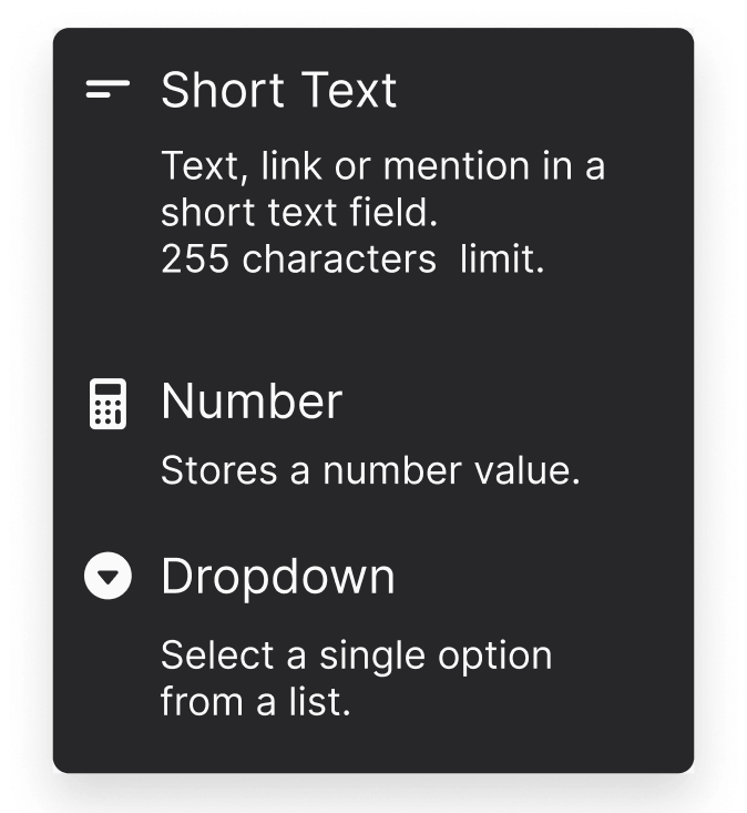 Custom fields panel for tasks to add new information such as short text, number or dropdown