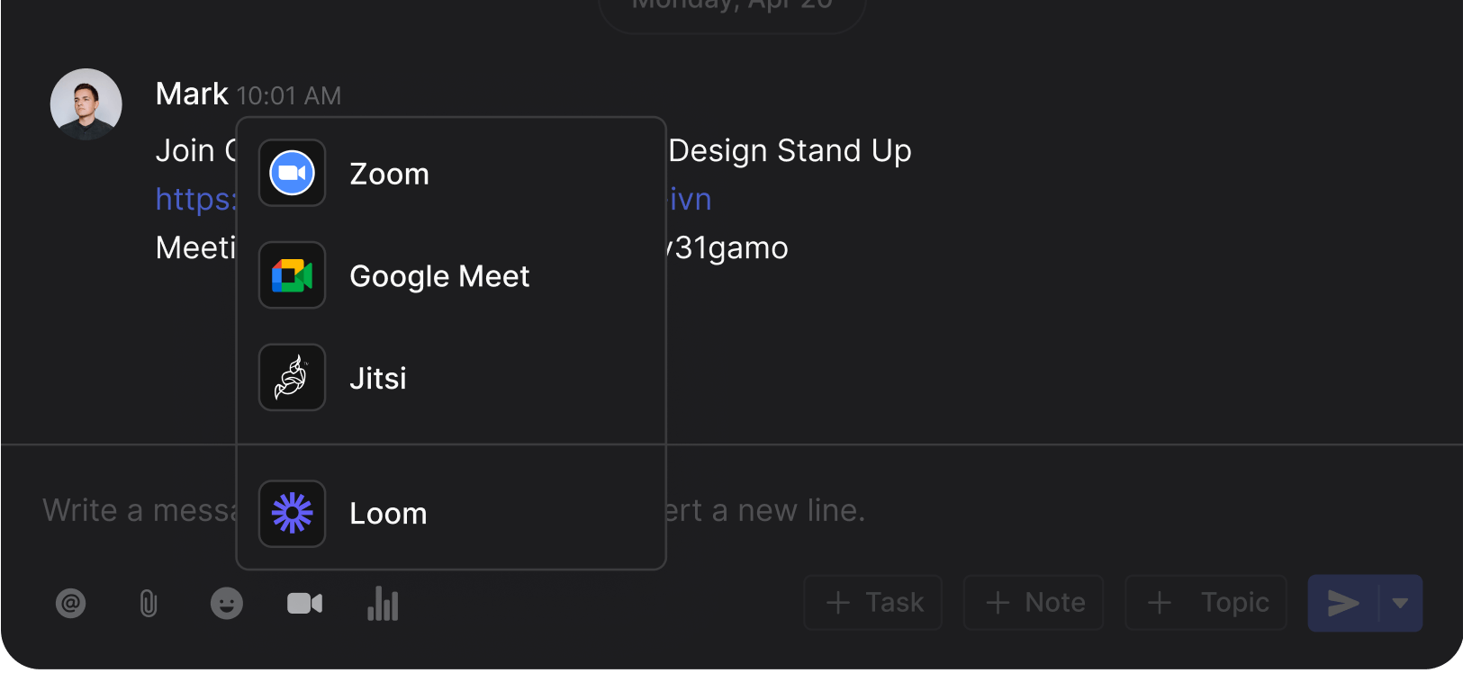 Rock meetings mini-app call-out with free integrations to Google Meet, Zoom, Jitsi and Loom