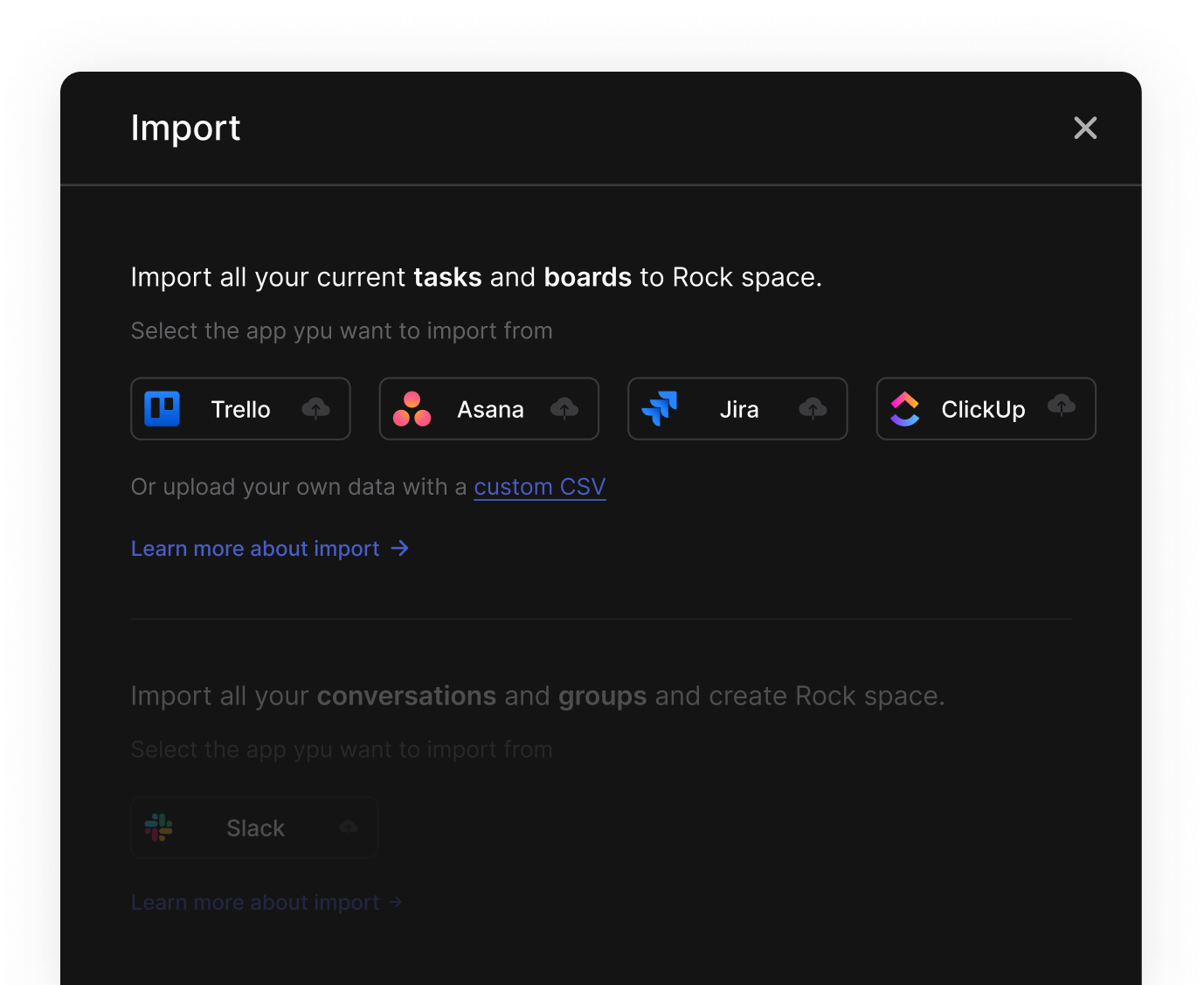 Import panel to migrate tasks from Trello, Asana, Jira, ClickUp or CSV