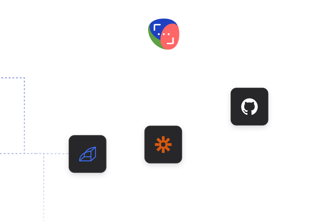 Abstract visualization of available integrations for automations: Rollbar, Zapier and Github