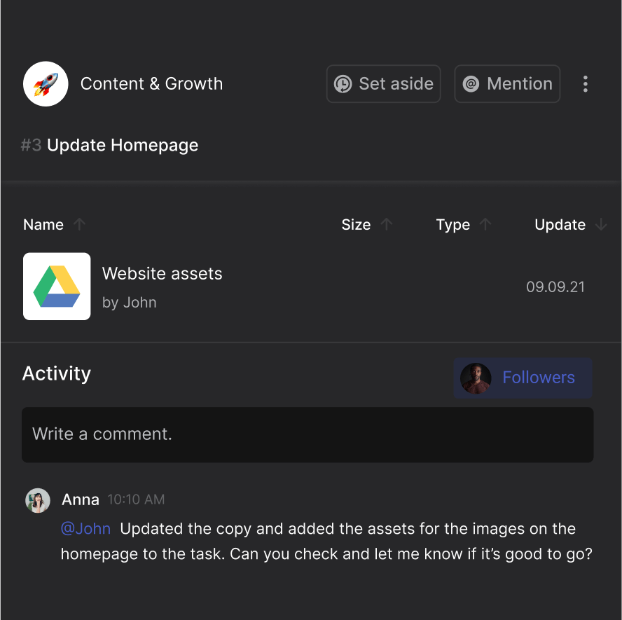 Task for updating a homepage with a google drive folder attached and comment from team member