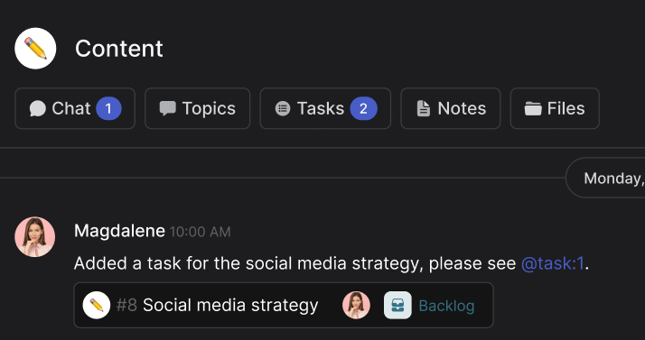 Rock mini-apps highlight tasks, notes, topics, files, chat