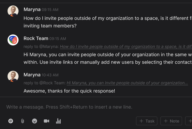 Rock support space highlight with chat interface and several messages