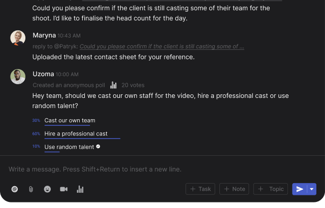 Rock messaging panel with polls, threads, reactions and more