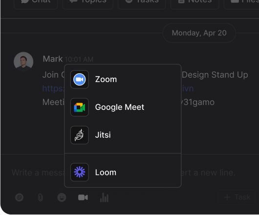 Rock meetings mini-app highlight with Zoom, Google Meet, Jitsi and Loom integrations
