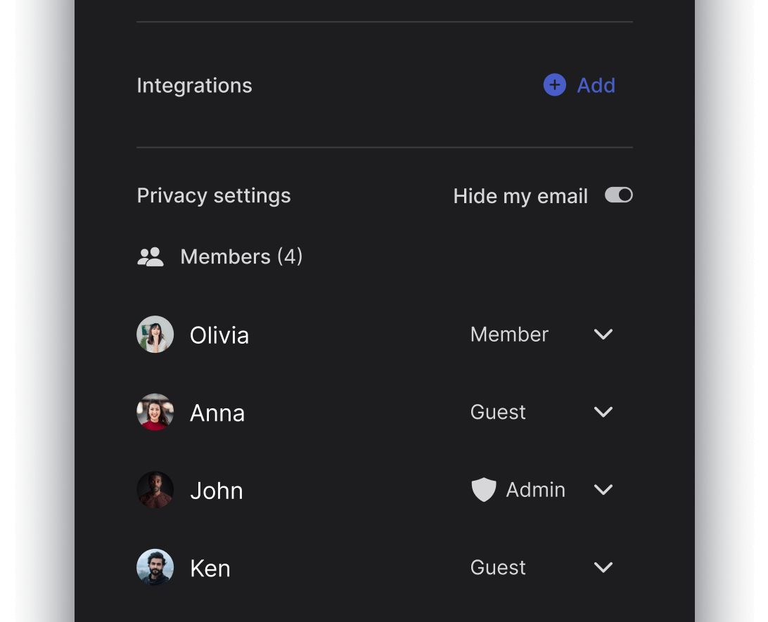 Monday alternative space setting panel with multiple members listed