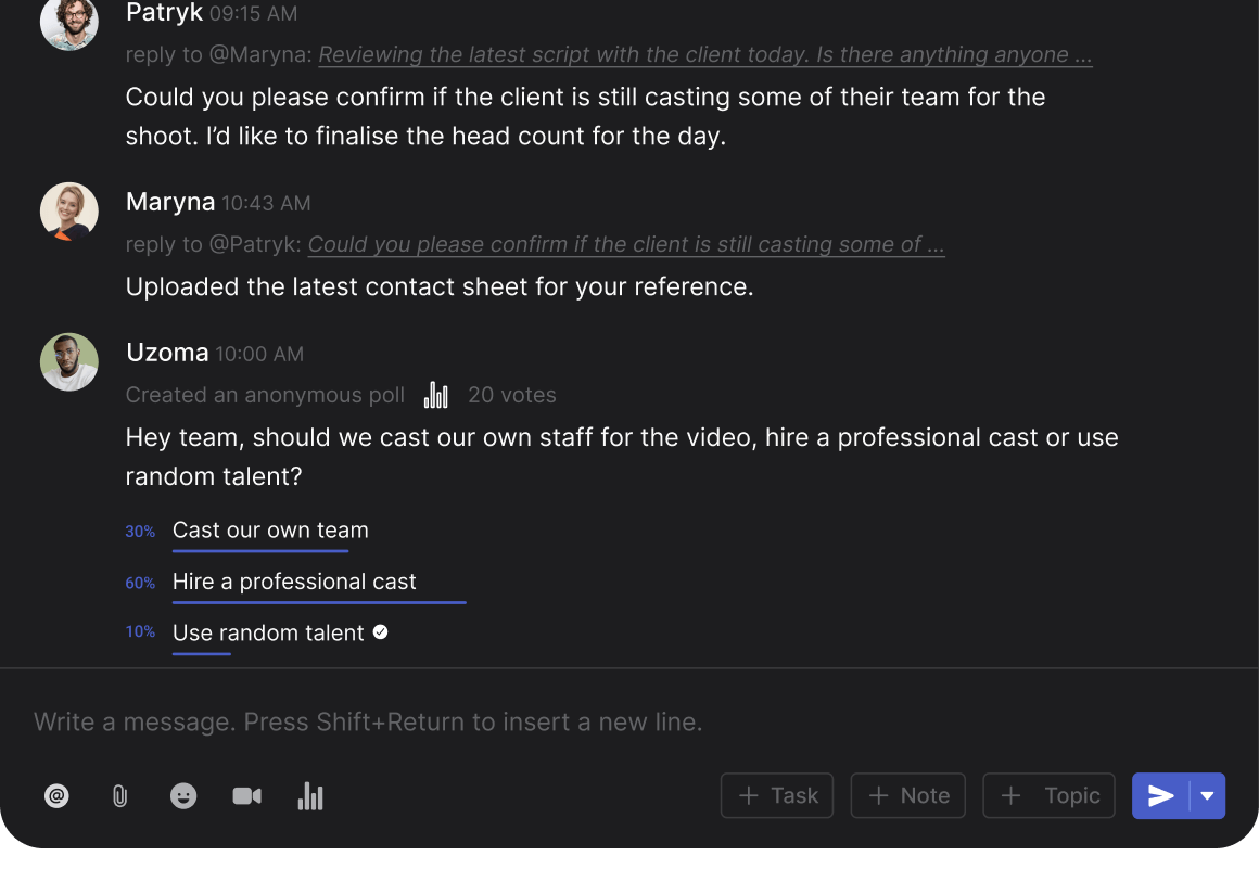 Monday alternative with full messaging interface including reactions, polls and threads