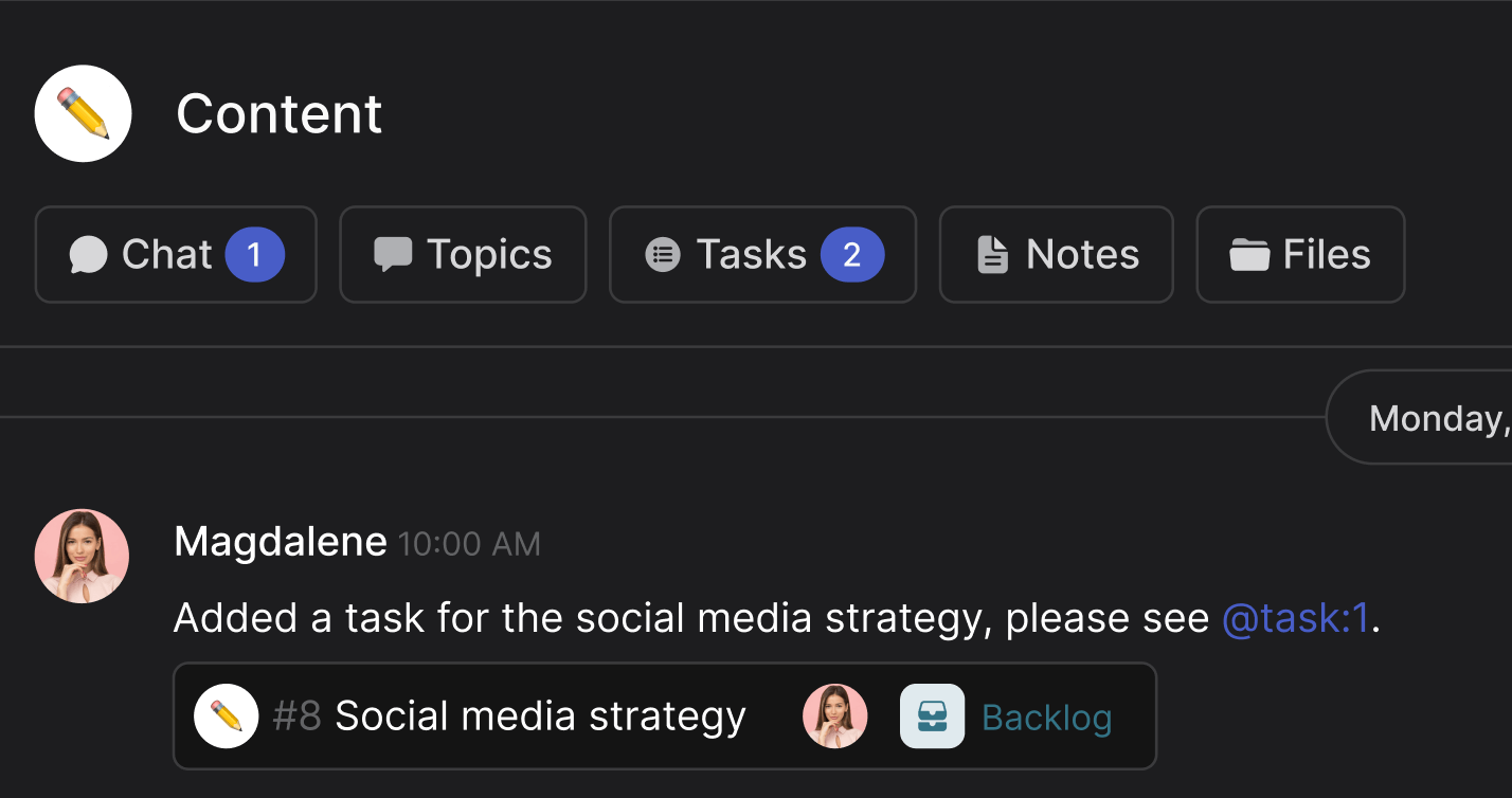 Rock functionality highlight chat, topics, tasks, notes and files in every space