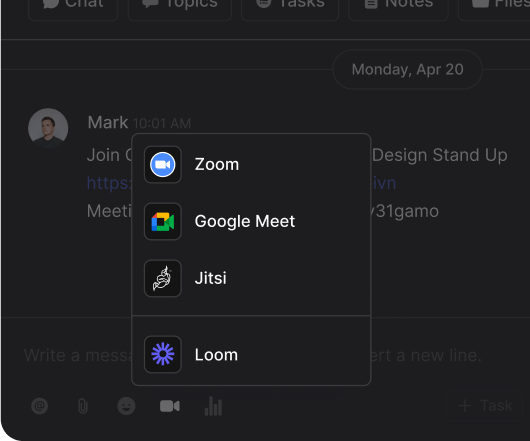 Basecamp alternative Rock meeting integrations highlight with Zoom, Google Meet, Loom and Jitsi