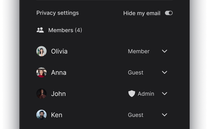 Space panel with members, guests and admins