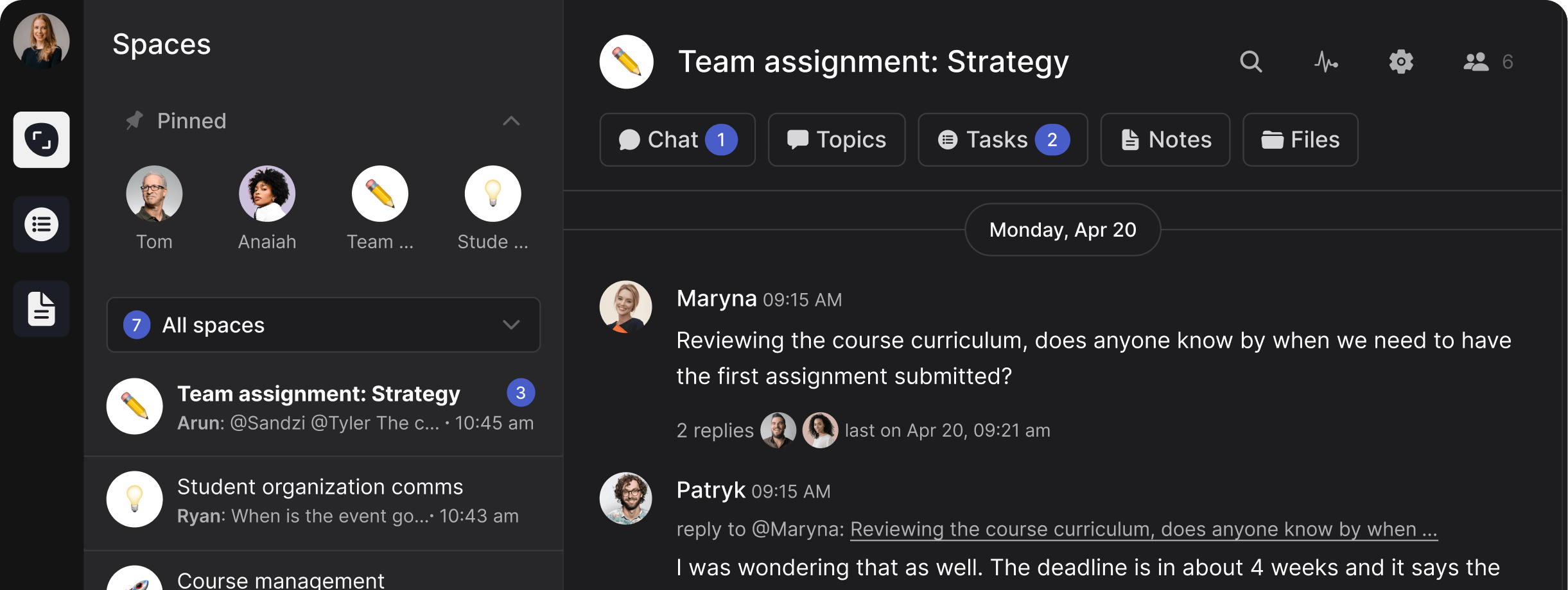 Student project management solution Rock with multiple spaces, messages, tasks and notes