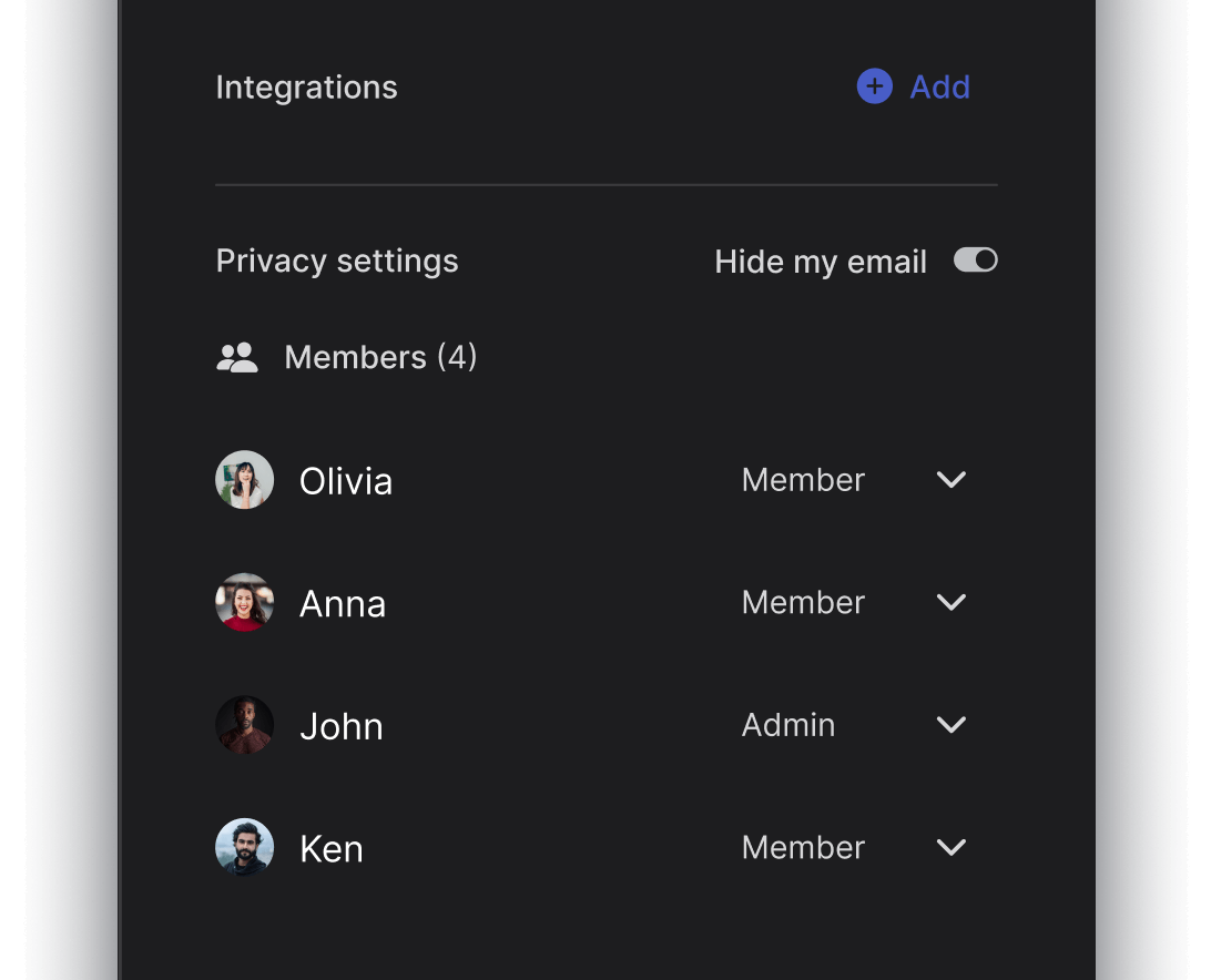Student project management space with members, admins and guests