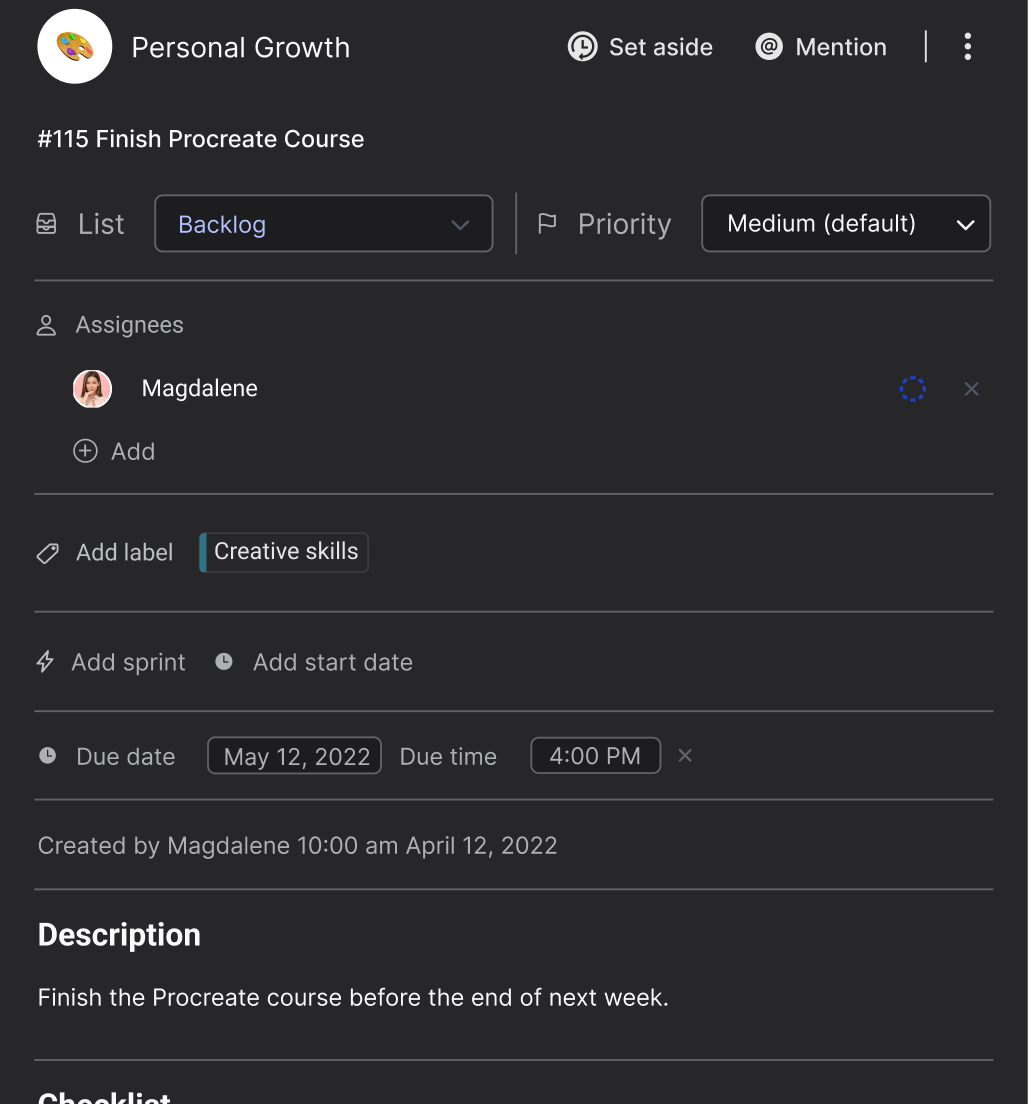 student personal growth task with assignee, description, lists and other task management fields