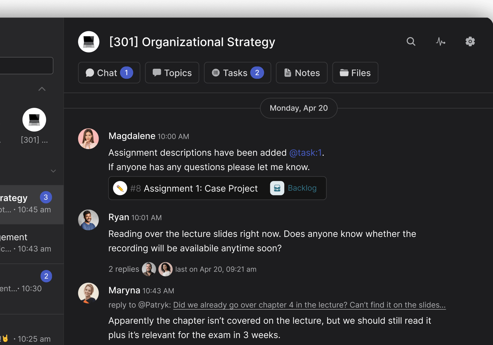 Student course project management space example with multiple messages and tasks